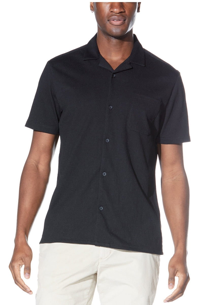 Wholesale,Civil Society, Civil Society Black Matelassé Knit Textured Short Sleeve Resort Shirt, Black, Large-45-TagL