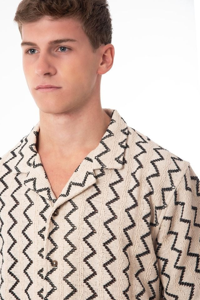 Wholesale,NOLS, NOLS Beige with Black Zigzag Stripe Textured Weave Shirt, Tan, Medium-46-TagMLarge-48-TagLExtra Large-51-TagXLExtra Extra Large-54-TagXXLSmall-44-TagS