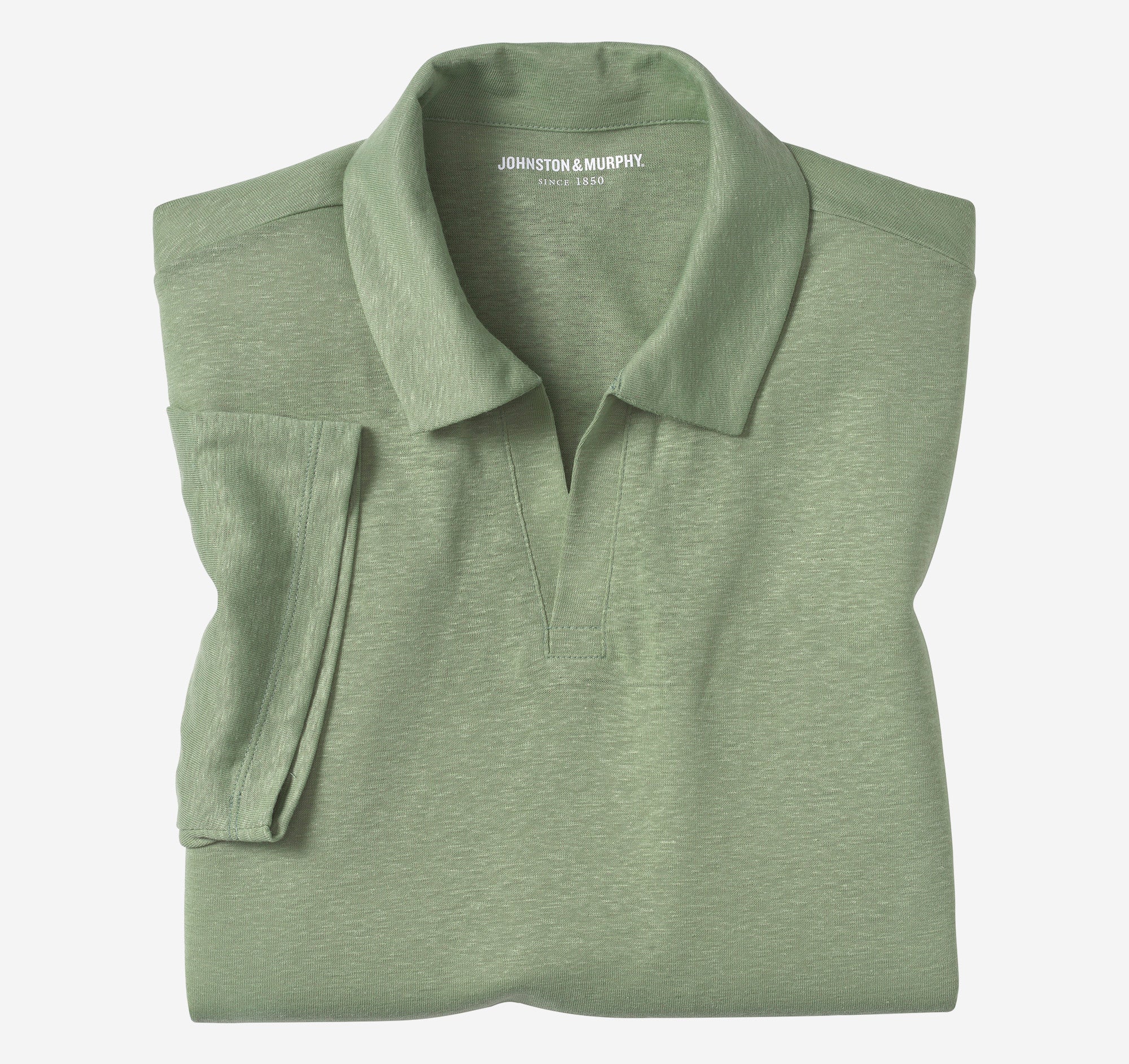 Wholesale,Johnston & Murphy, Johnston & Murphy Green Open V-Neck Linen/Recycled Poly Blend Short Sleeve Polo, Green, Small-39-TagS