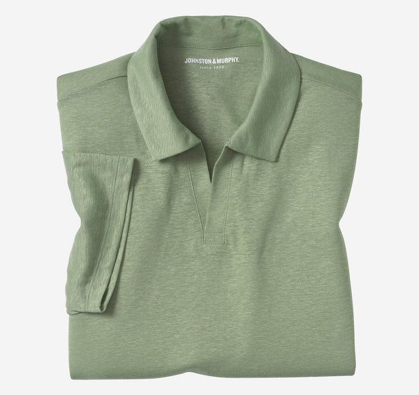 Johnston & Murphy Green Open V-Neck Linen/Recycled Poly Blend Short Sleeve Polo