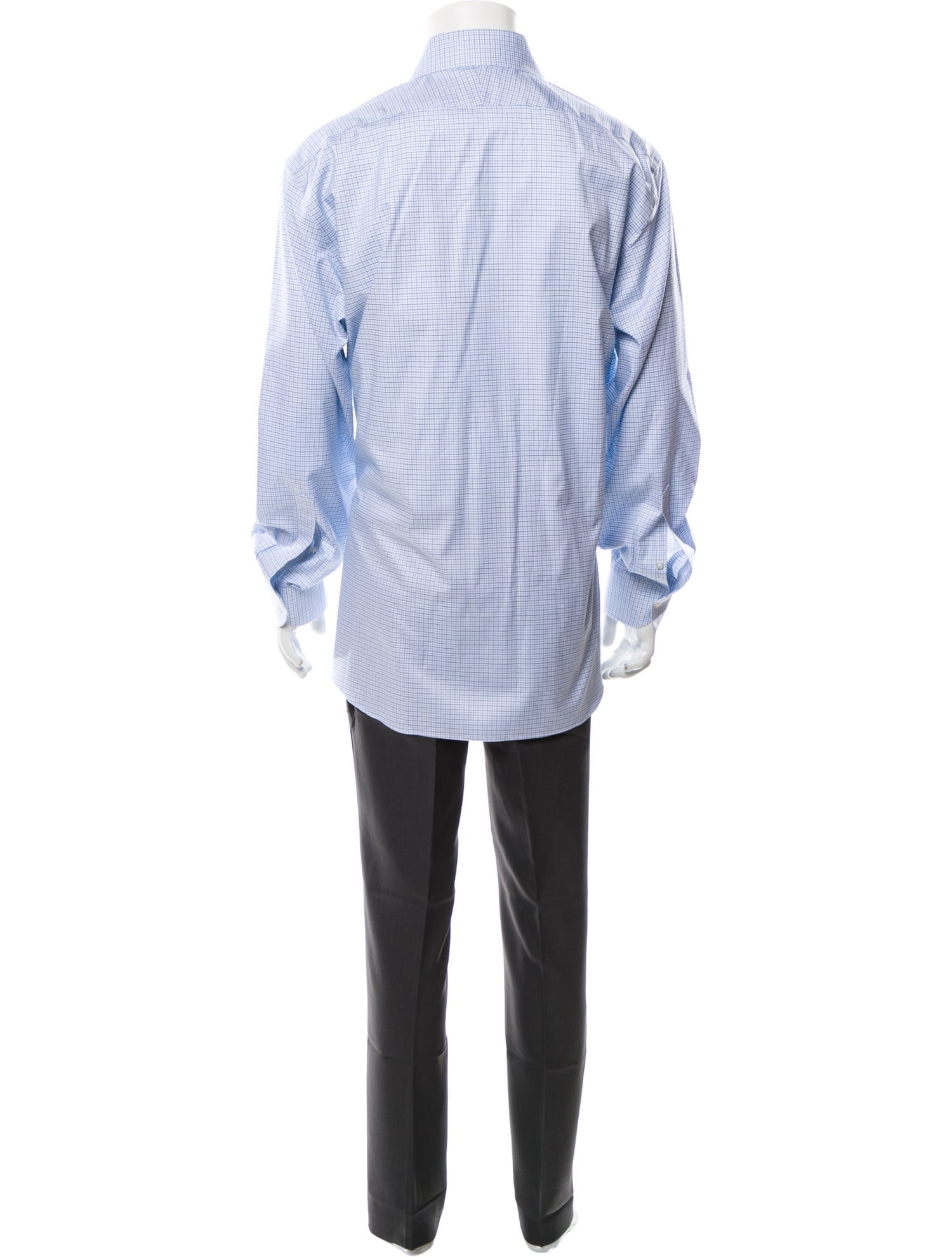 RealReal,Proper Cloth, Proper Cloth Blue Plaid Print Long Sleeve Dress Shirt with One-Button Rounded Cuffs, Blue, Extra Large-49-TagXL