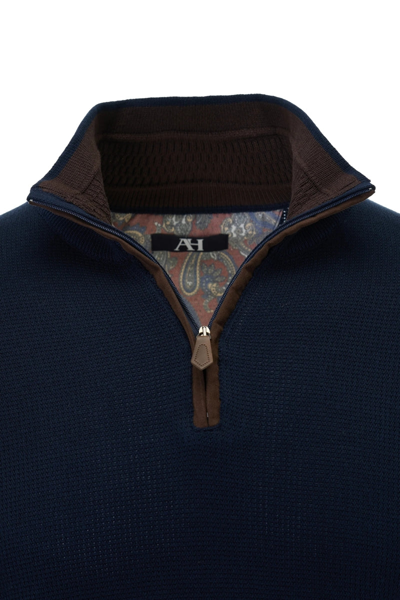 Wholesale,American Heritage, American Heritage Navy Trimmed Melange Knit Textured Qtr Zip, Blue, Medium-45-TagMLarge-47-TagLExtra Large-49-TagXL