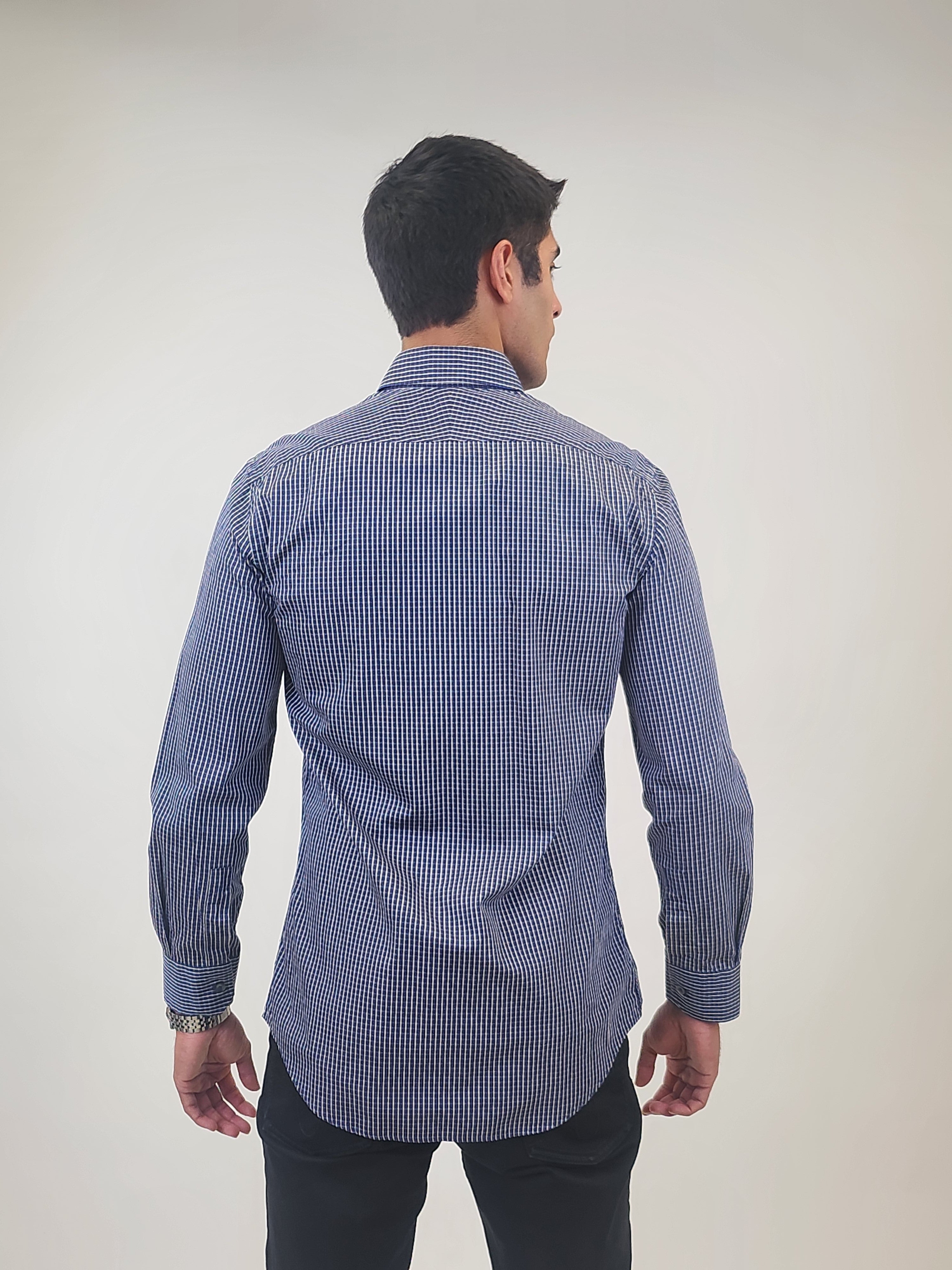 Brand Partner,R2 Amsterdam, R2 Amsterdam Dark Blue Bird's Eye 2 PLY Long Sleeve Button Up Shirt with Beige Print Contrast, Blue, Extra Extra Large-52-Tag45Extra Large-50-Tag44