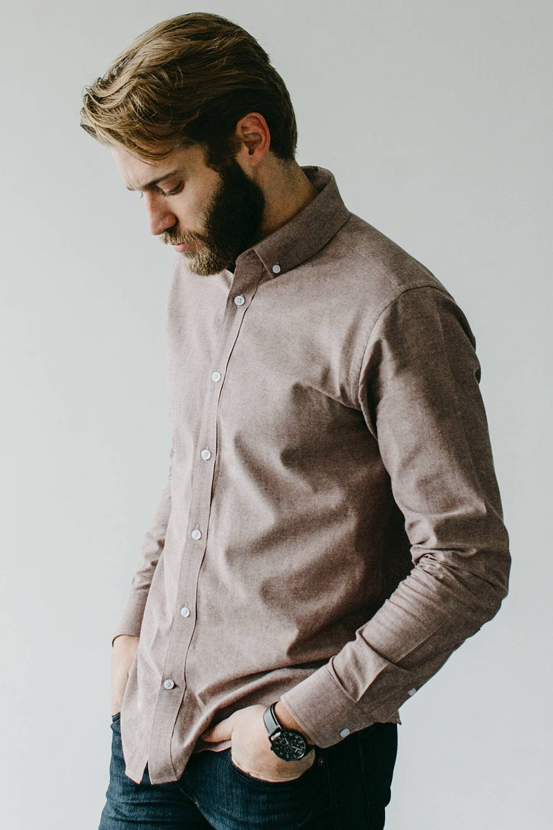 Faire,Alynn, Alynn Brown Chambray Slightly Brushed Slim Fit Shirt, Brown, Large-45-TagL