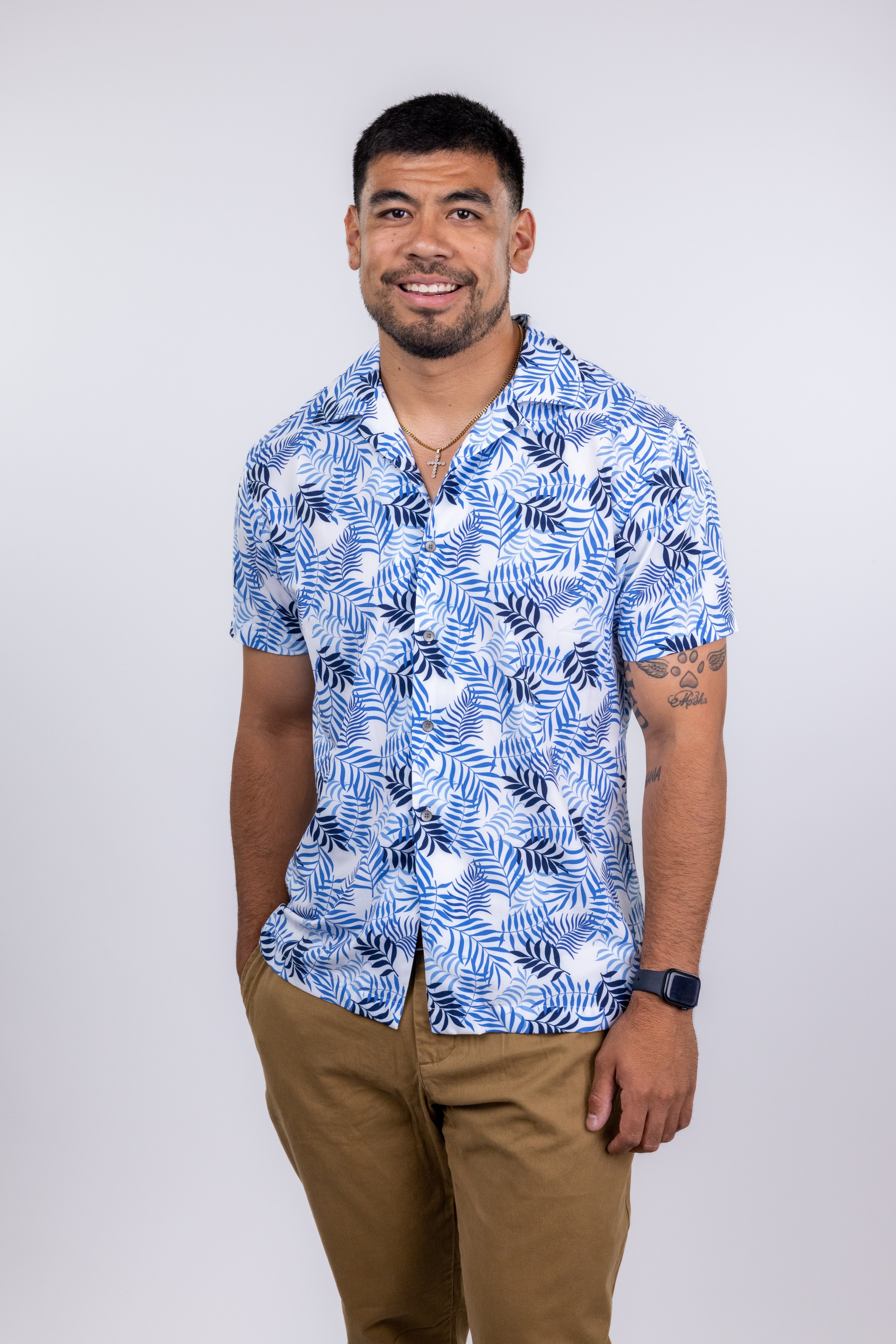 Faire,W.R.K., W.R.K Blue Tropical Print Camp Collar Performance Short Sleeve Shirt, Blue, Medium-42-TagM