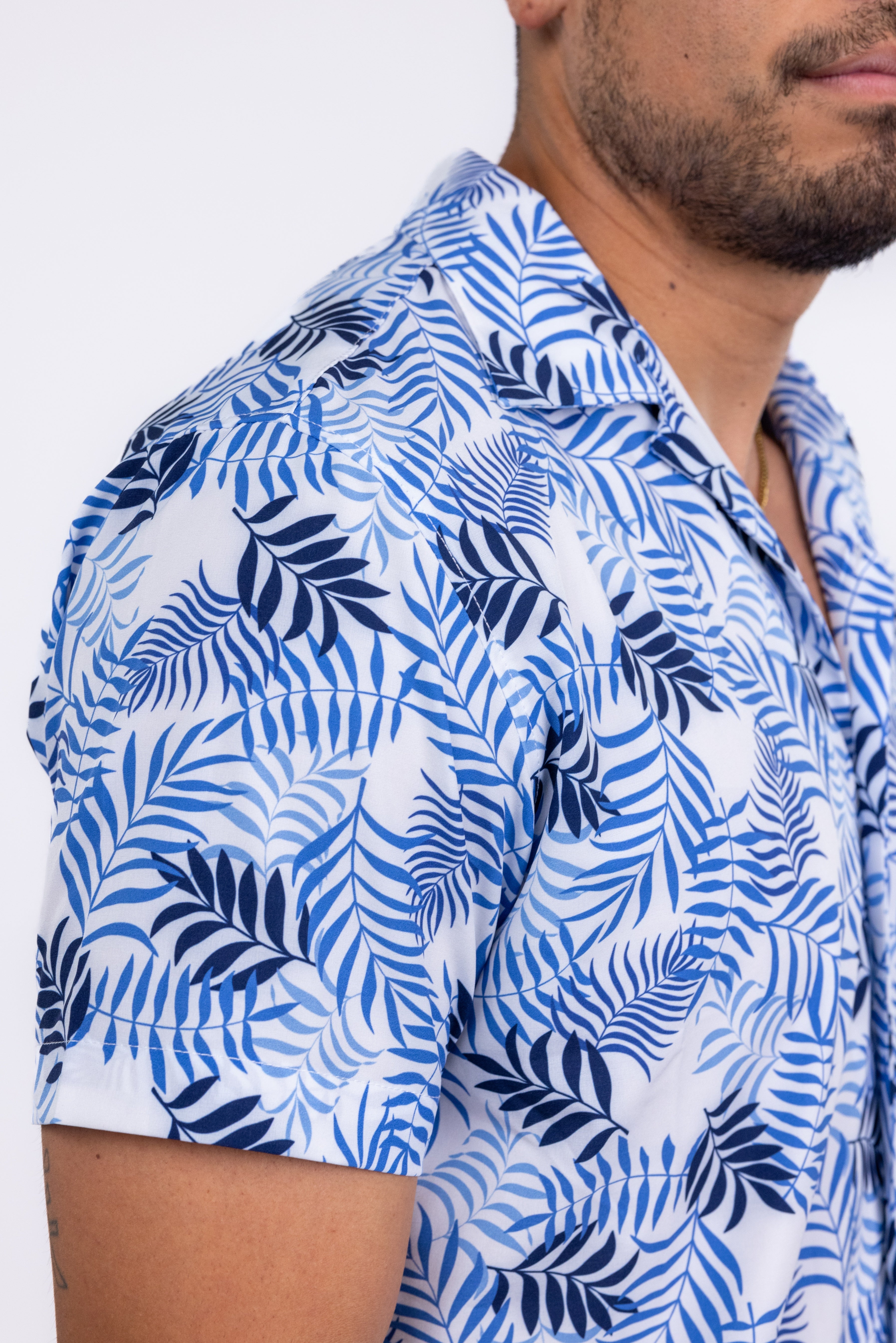 Faire,W.R.K., W.R.K Blue Tropical Print Camp Collar Performance Short Sleeve Shirt, Blue, Medium-42-TagM