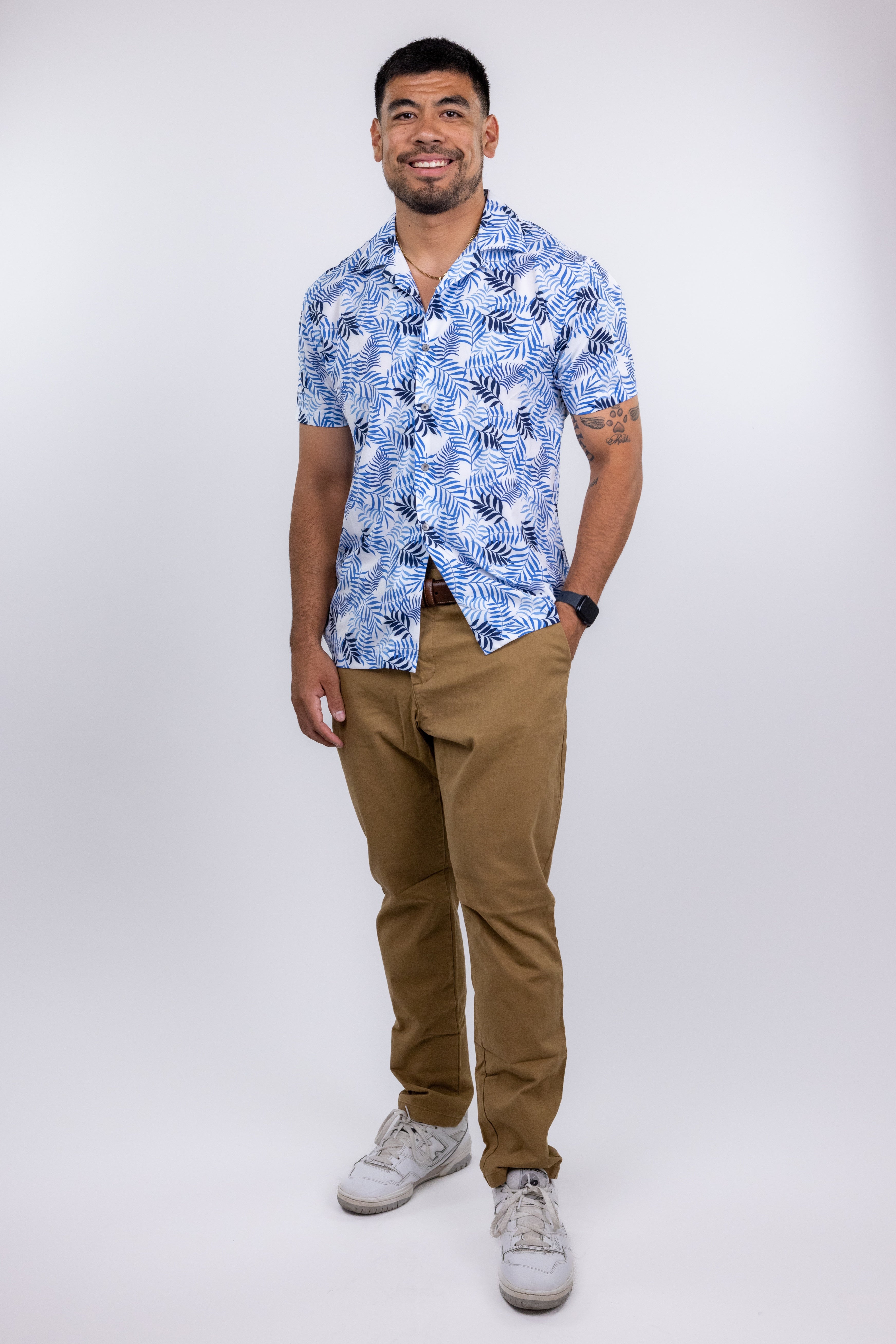 Faire,W.R.K., W.R.K Blue Tropical Print Camp Collar Performance Short Sleeve Shirt, Blue, Medium-42-TagM