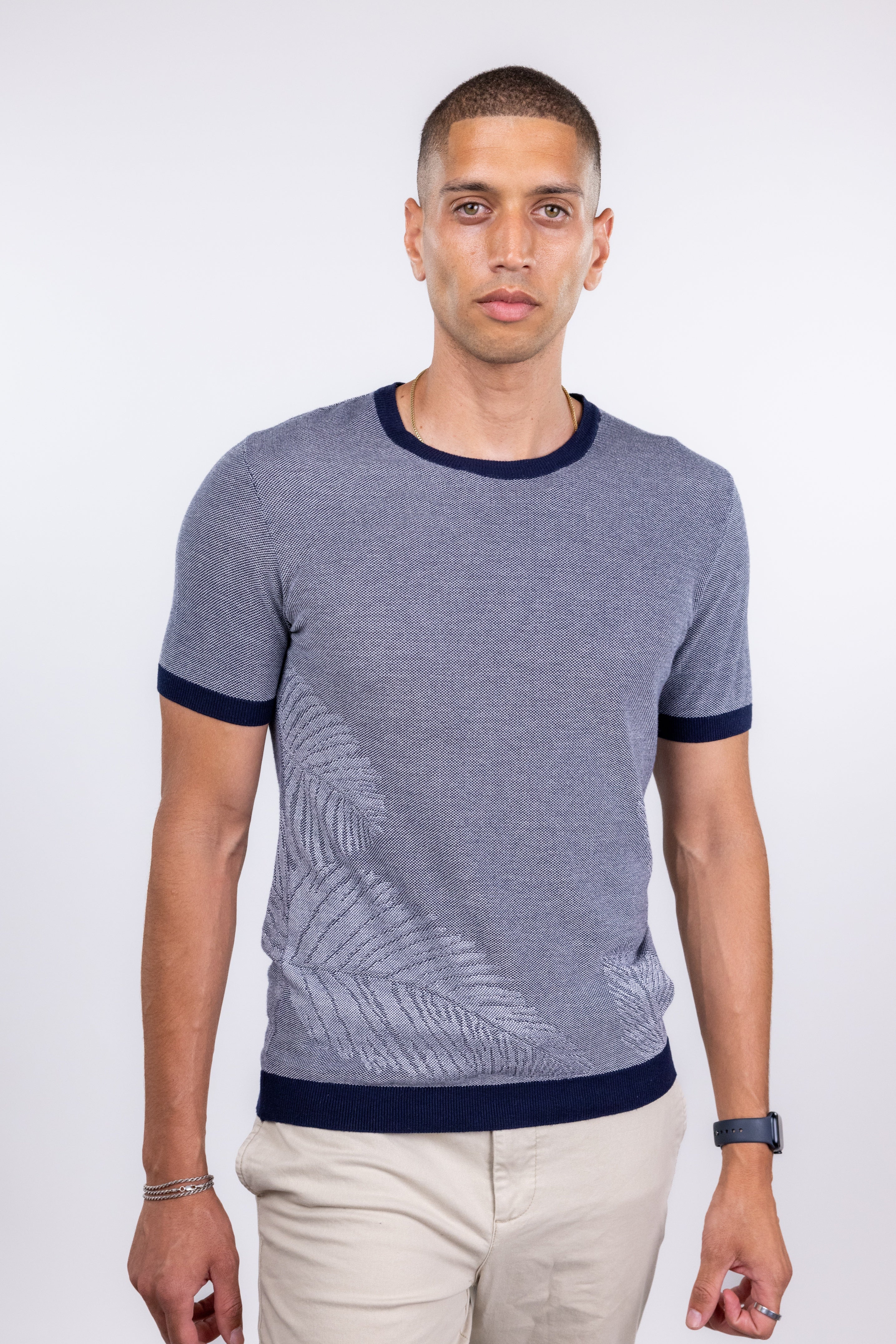 Wholesale,Suit Sartoria, Suit Sartoria Navy And White Textured Crewneck Knit Short Sleeve Shirt With Leaf Print, Blue, Large-44-TagL