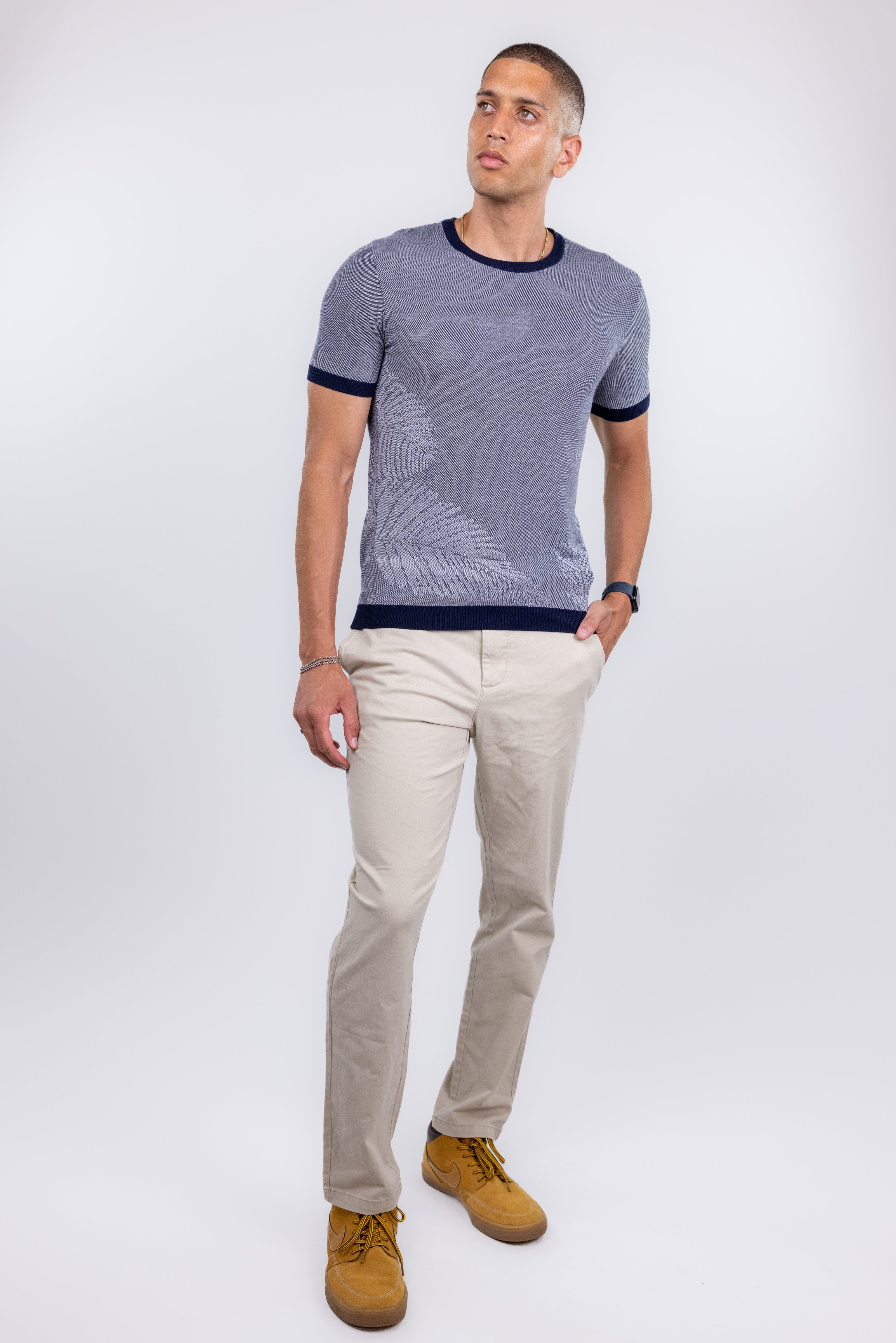 Wholesale,Suit Sartoria, Suit Sartoria Navy And White Textured Crewneck Knit Short Sleeve Shirt With Leaf Print, Blue, Large-44-TagL
