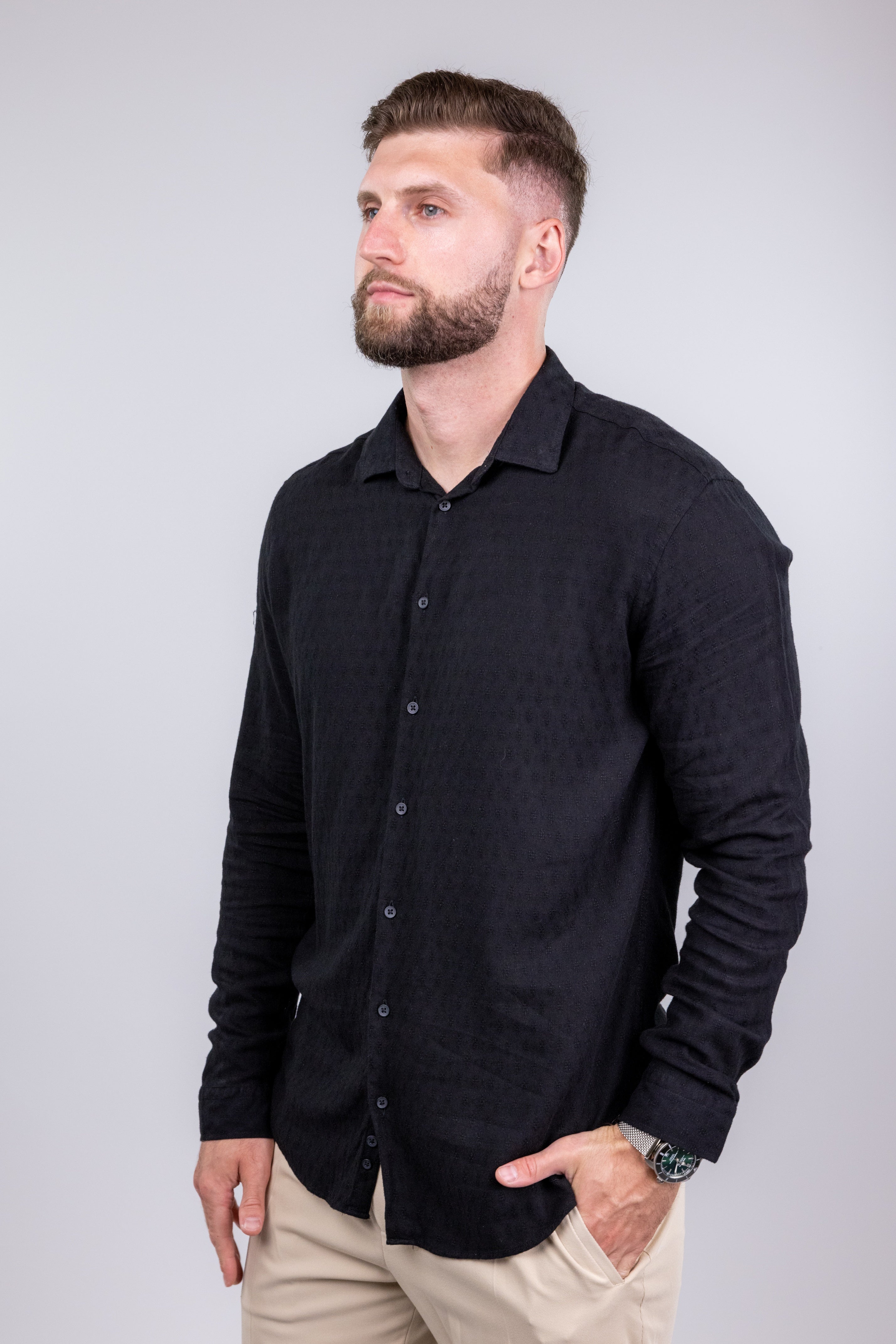 Wholesale,Suit Sartoria, Suit Sartoria Black Linen Blend Textured Long Sleeve Button Up Shirt, Black, Large-45-TagL