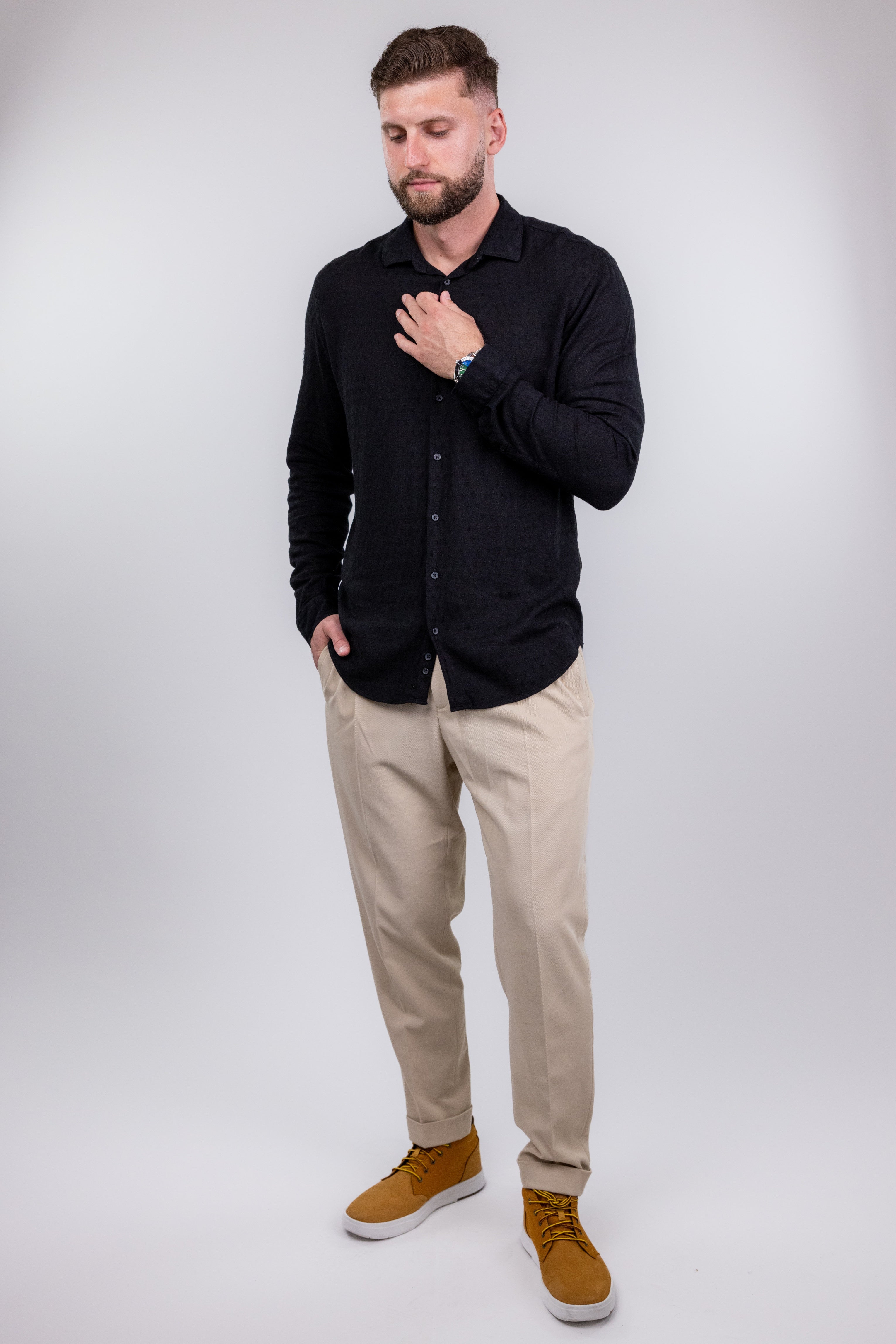 Wholesale,Suit Sartoria, Suit Sartoria Black Linen Blend Textured Long Sleeve Button Up Shirt, Black, Large-45-TagL