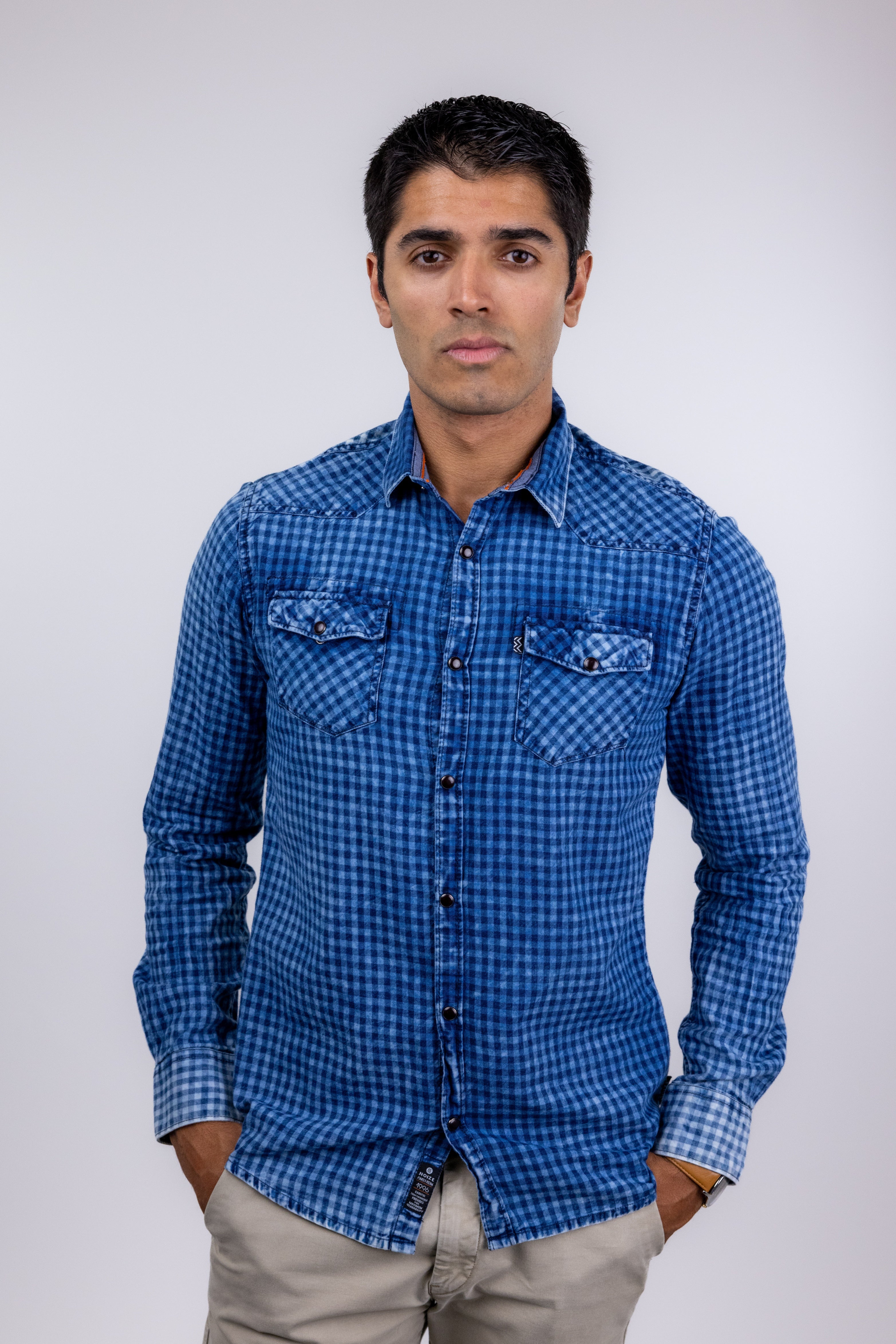 Bobbi + Bricka,Noize, Noize Blue Denim Gingham Long Sleeve Button Up Shirt, Blue, Small-40-TagM
