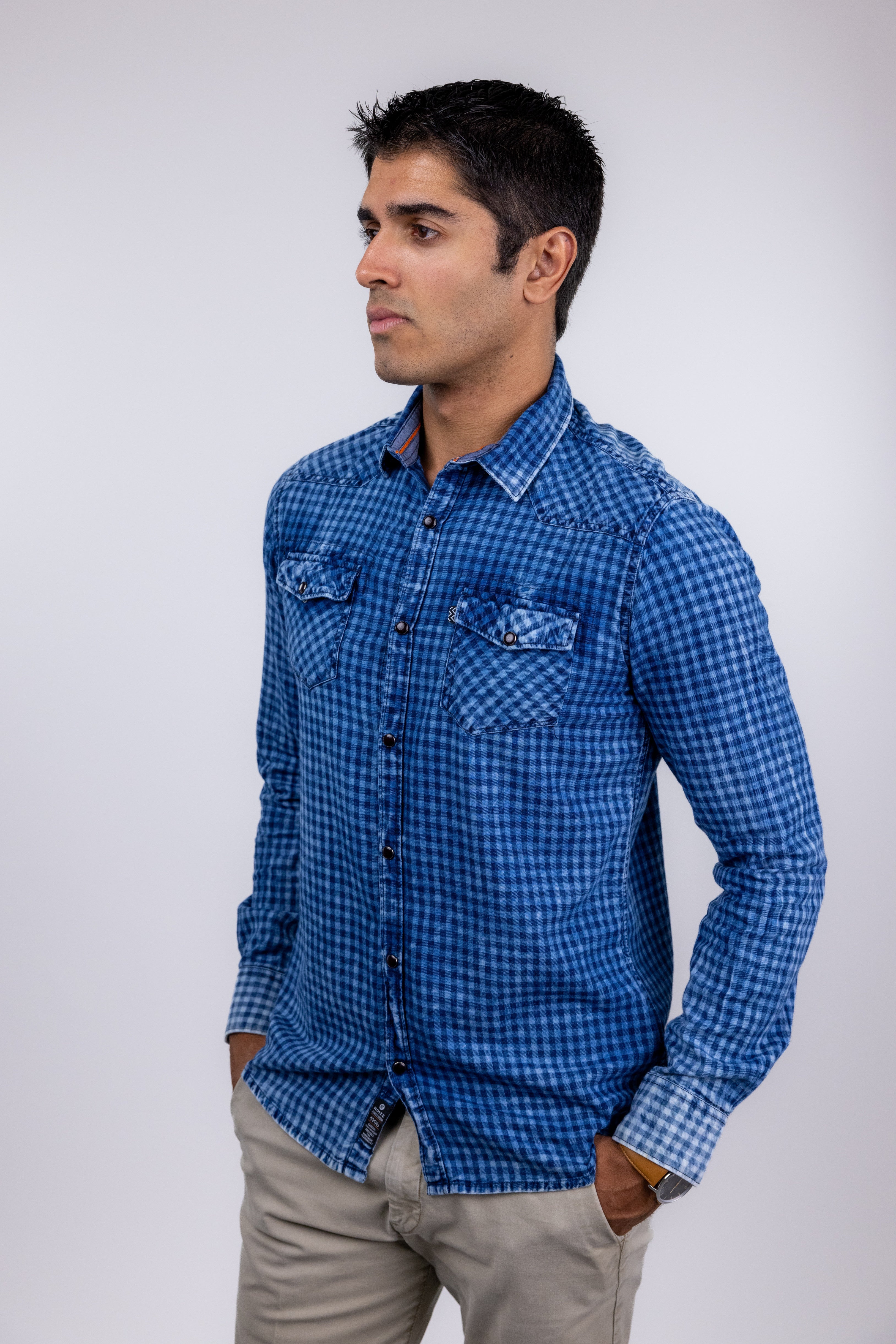 Bobbi + Bricka,Noize, Noize Blue Denim Gingham Long Sleeve Button Up Shirt, Blue, Small-40-TagM