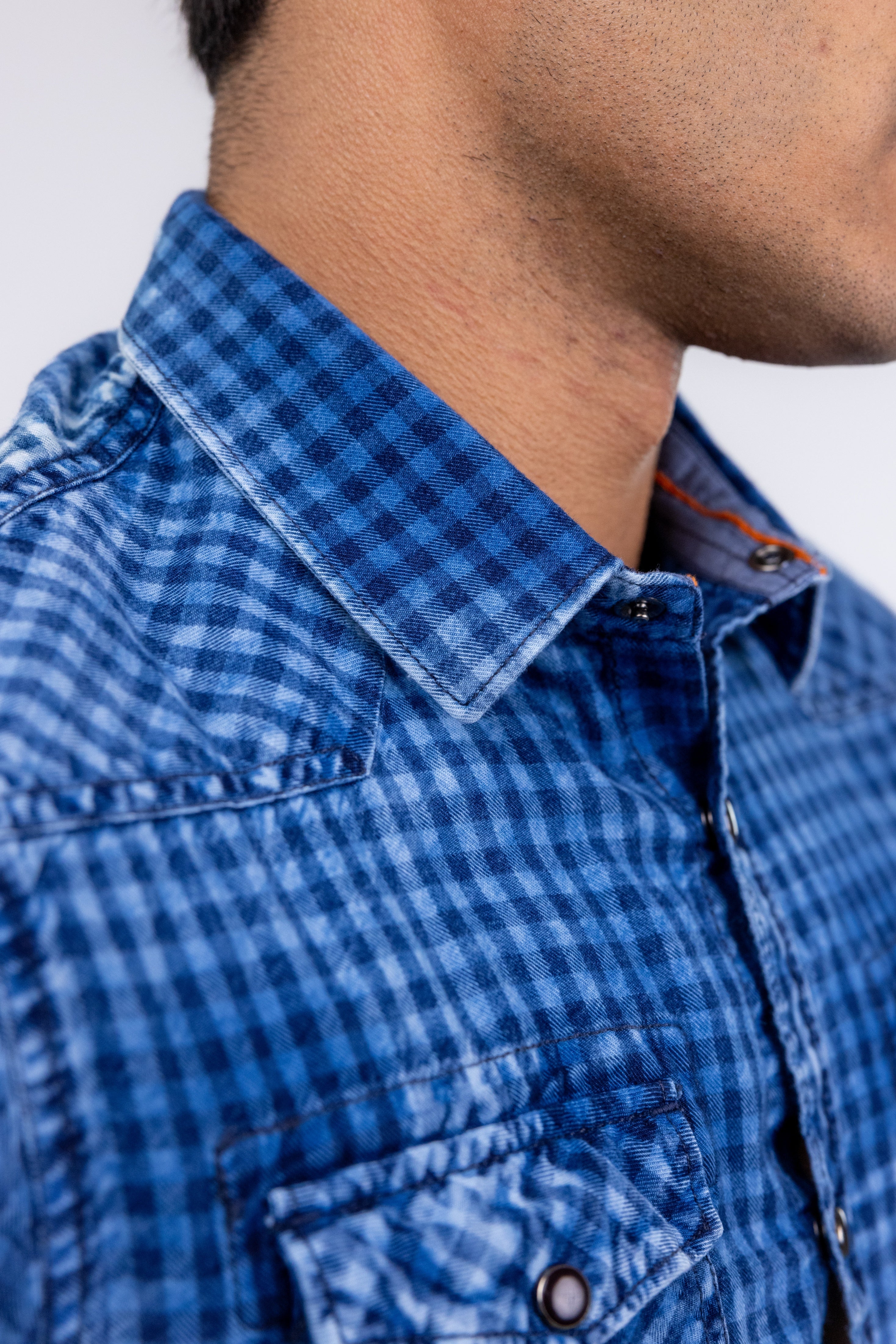 Bobbi + Bricka,Noize, Noize Blue Denim Gingham Long Sleeve Button Up Shirt, Blue, Small-40-TagM