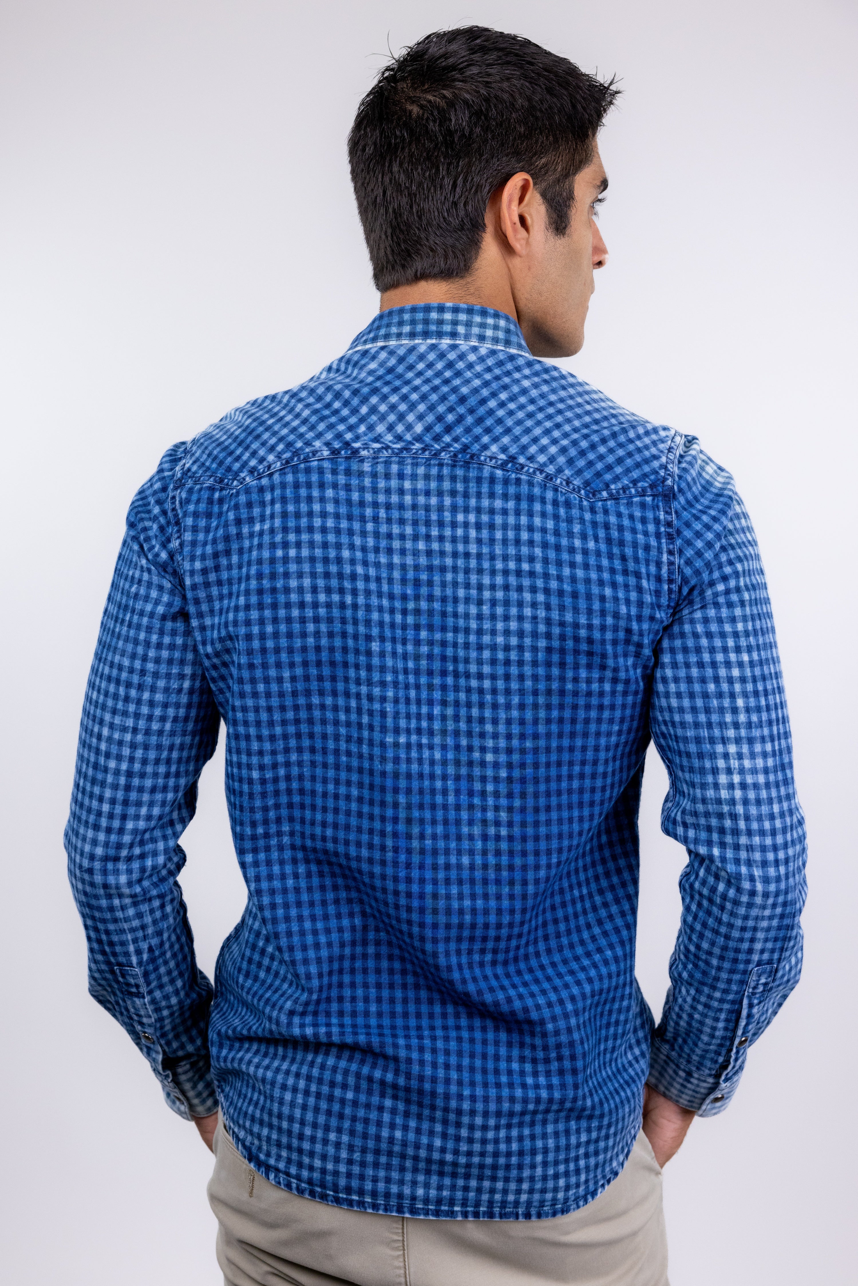 Bobbi + Bricka,Noize, Noize Blue Denim Gingham Long Sleeve Button Up Shirt, Blue, Small-40-TagM