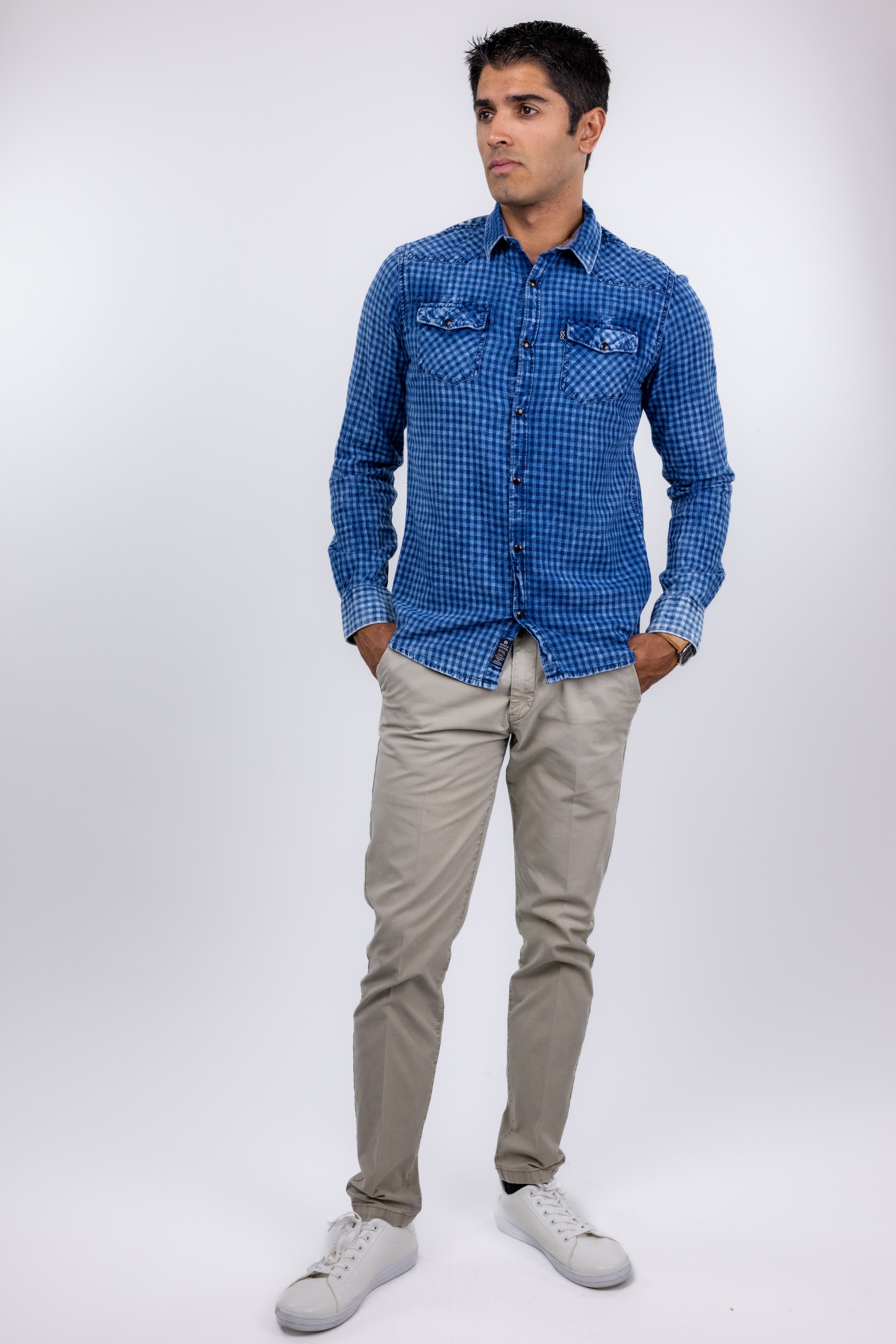 Bobbi + Bricka,Noize, Noize Blue Denim Gingham Long Sleeve Button Up Shirt, Blue, Small-40-TagM