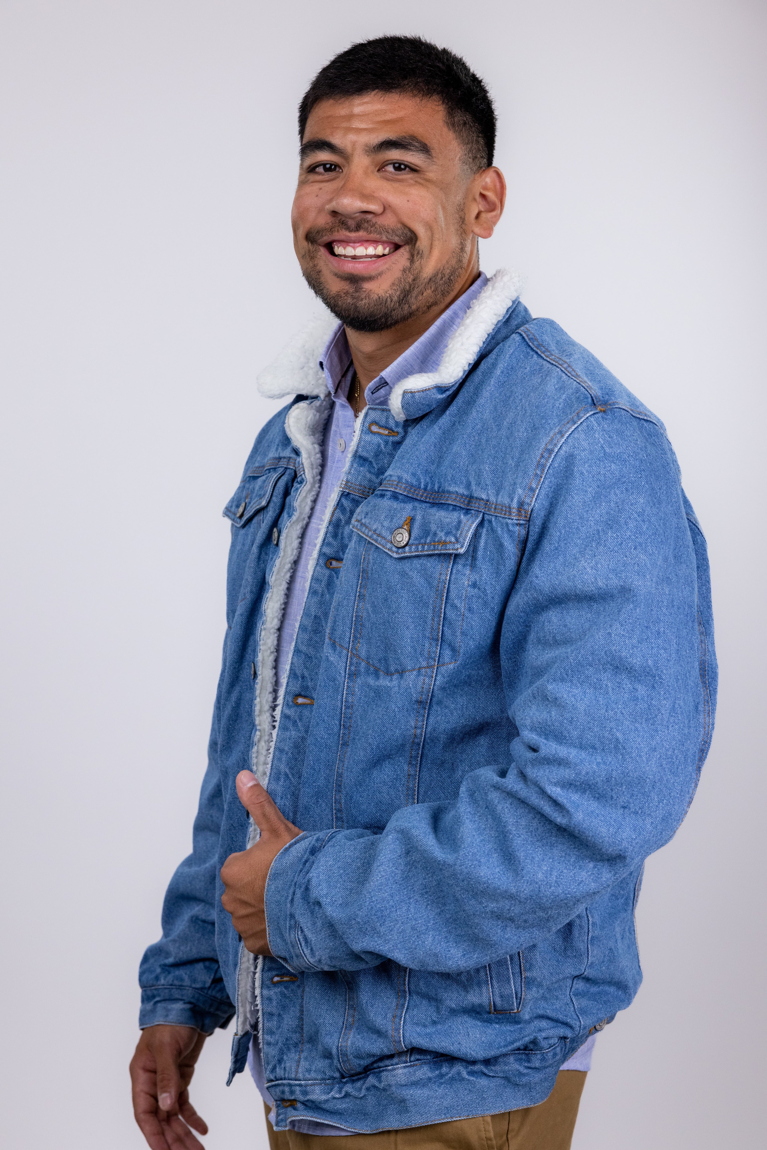 Faire,Miners Clothing Company, Miners Clothing Company Blue Denim Shearling Trucker Jacket, Blue, Medium-45-TagL