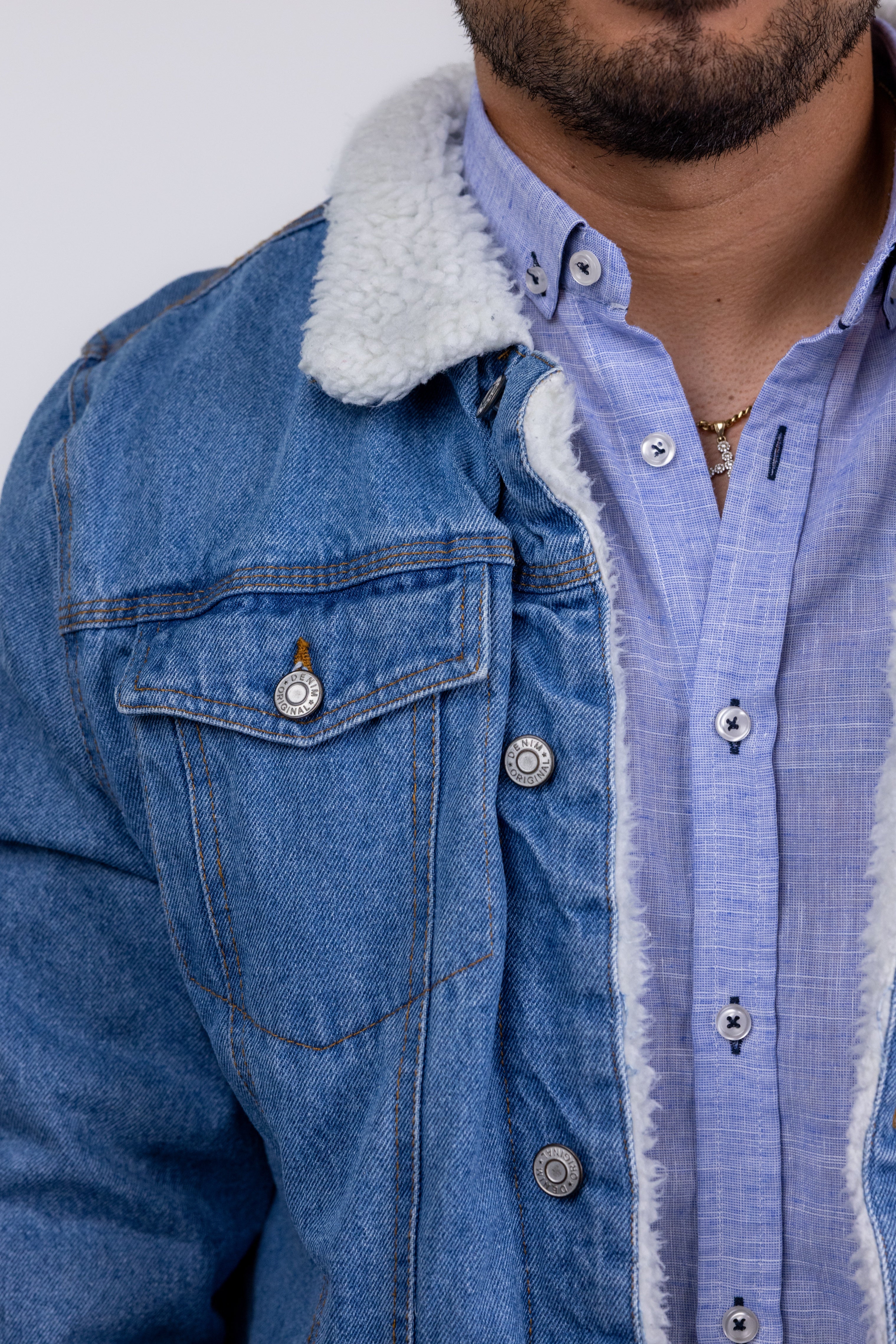 Faire,Miners Clothing Company, Miners Clothing Company Blue Denim Shearling Trucker Jacket, Blue, Medium-45-TagL