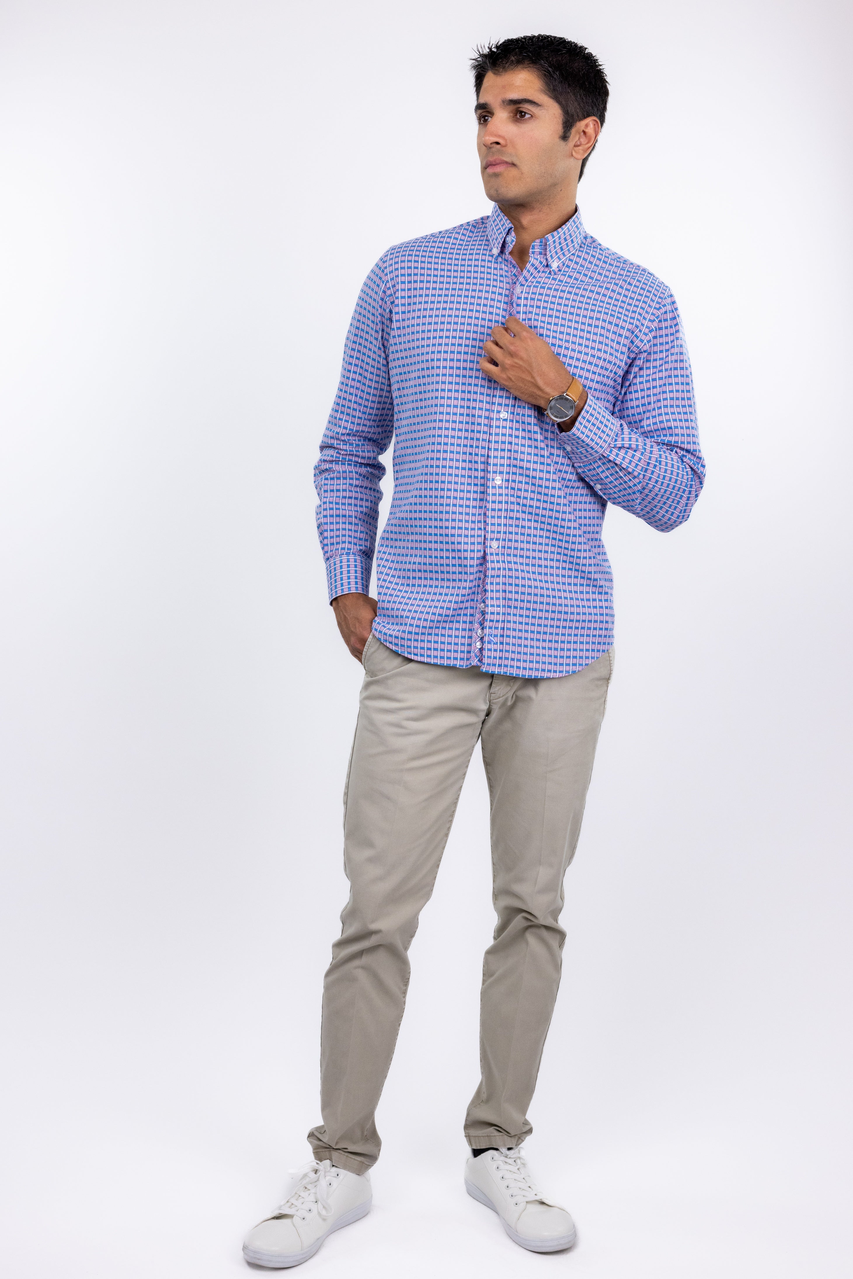 Poshmark,TailorByrd, TailorByrd Blue & Pink Small Check Print Button Up Shirt, Blue, Medium-43-TagM