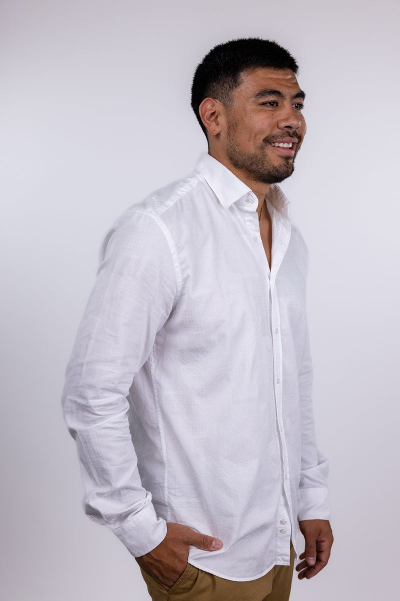 Jakamen White Textured Patchwork Print Long Sleeve Button Up Shirt