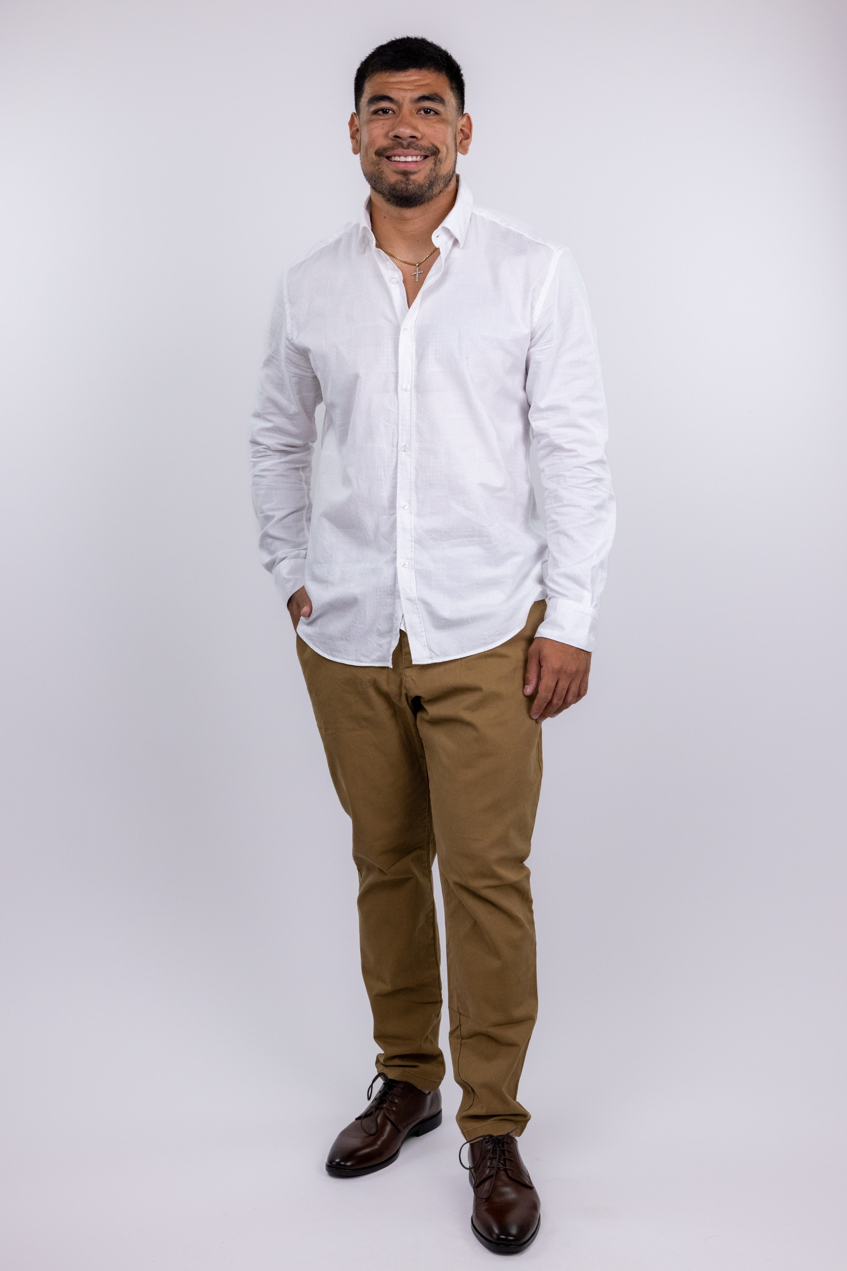 Wholesale,Jakamen, Jakamen White Textured Patchwork Print Long Sleeve Button Up Shirt, White, Medium-43-TagM