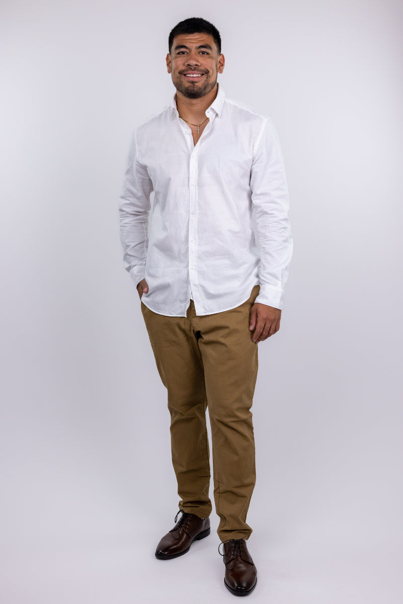 Jakamen White Textured Patchwork Print Long Sleeve Button Up Shirt