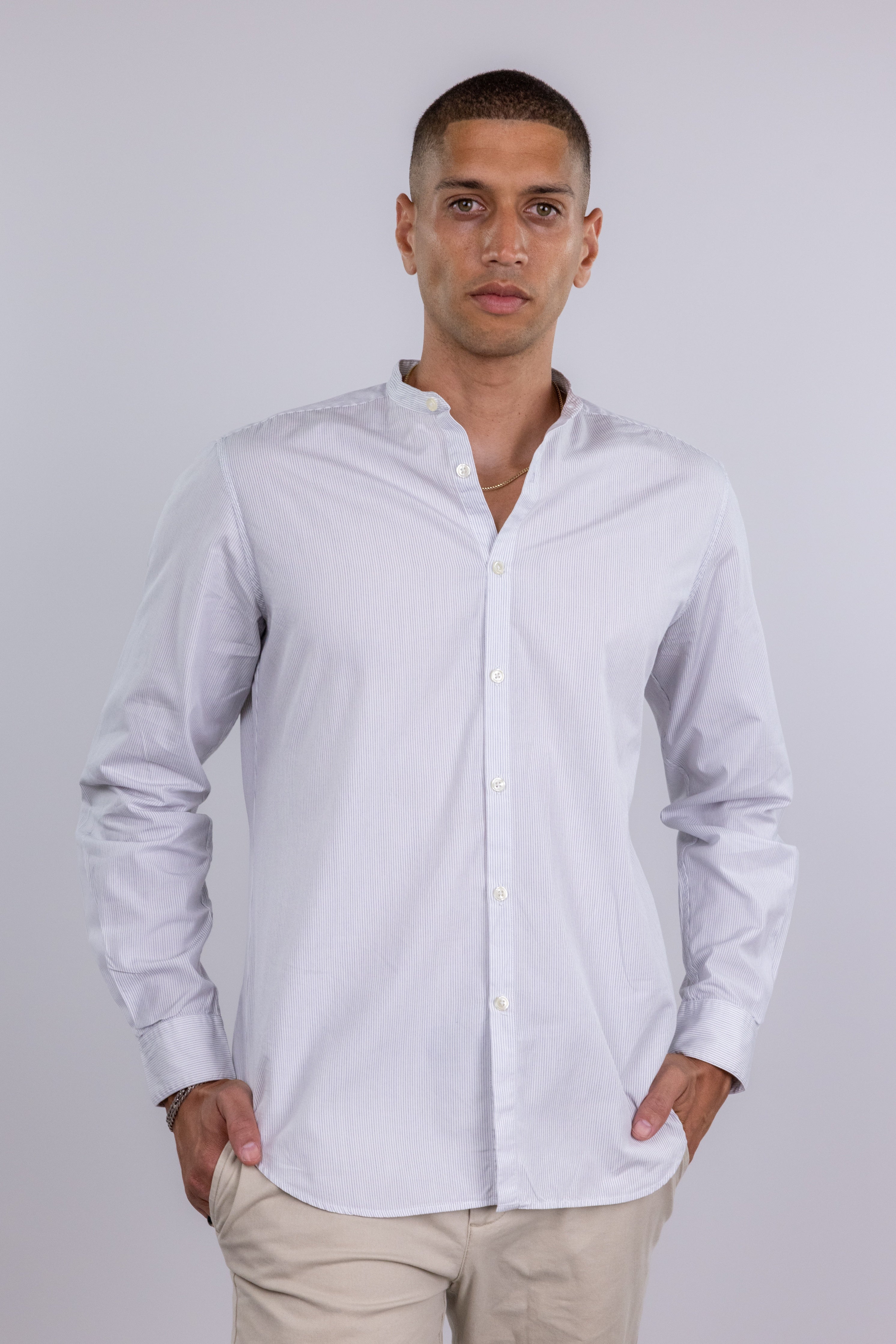 The RealReal,Massimo Piombo, Massimo Piombo White Tonal Pinstripe Mandarin Collar Button Up Shirt, White, Medium-44-TagM