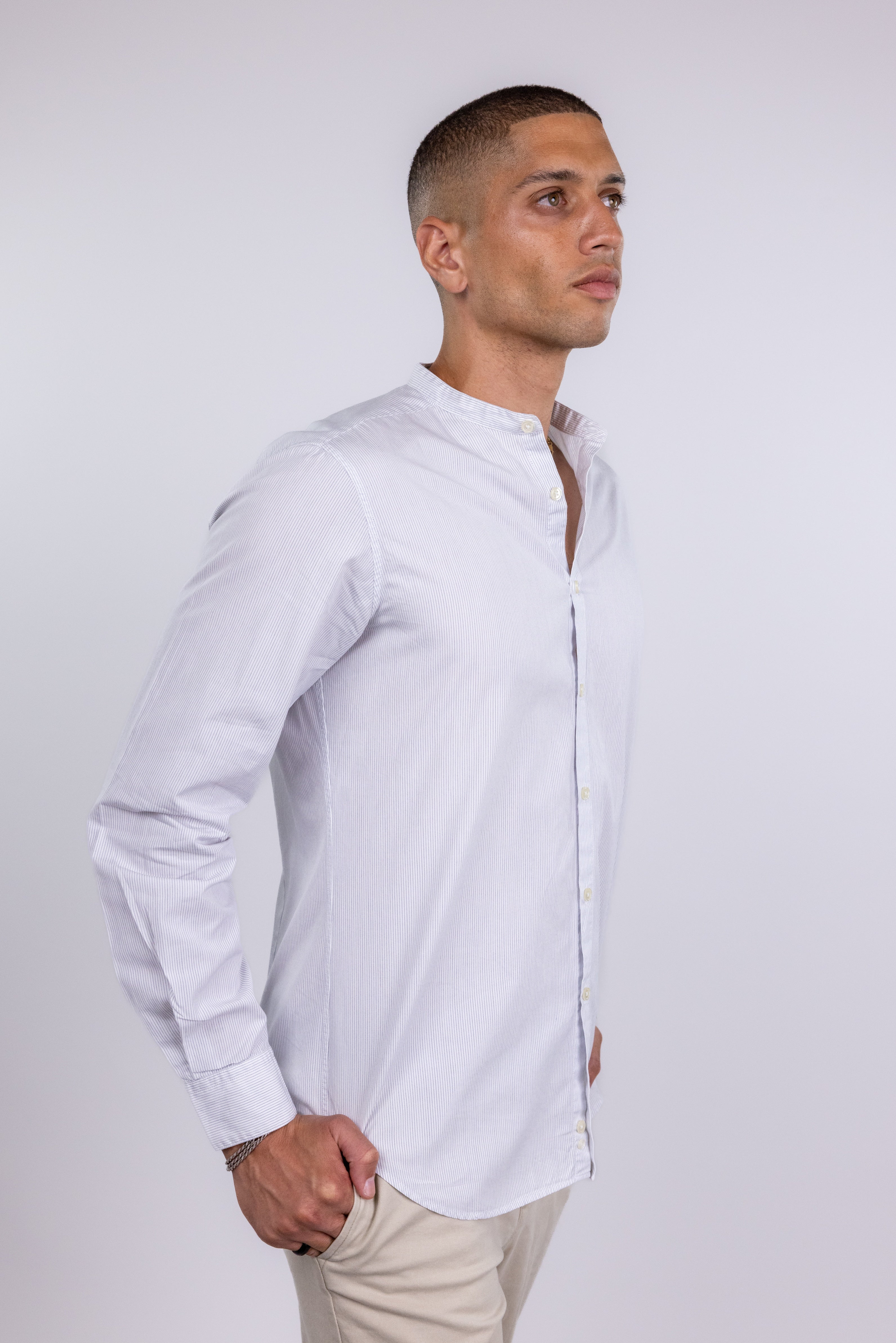 The RealReal,Massimo Piombo, Massimo Piombo White Tonal Pinstripe Mandarin Collar Button Up Shirt, White, Medium-44-TagM