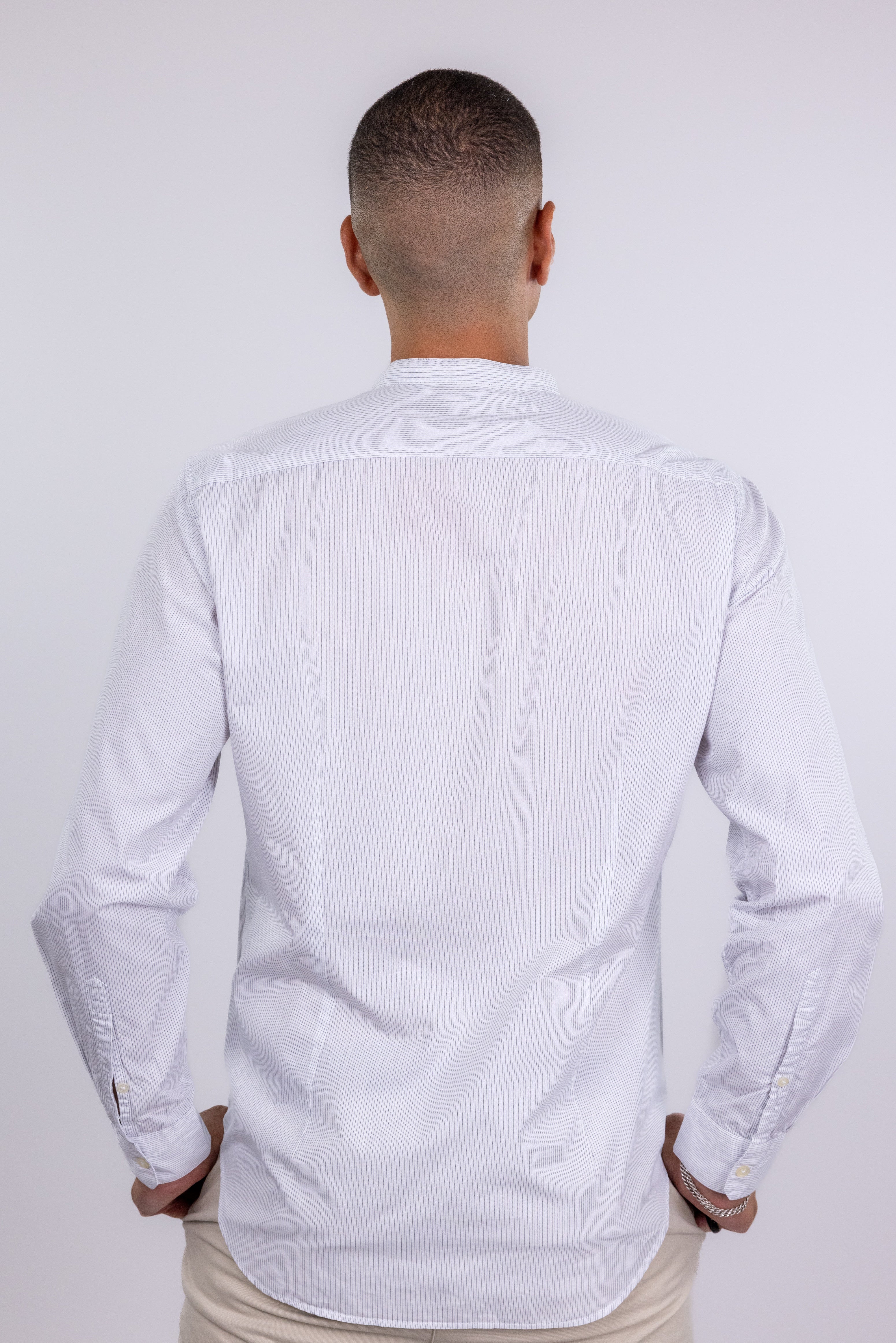 The RealReal,Massimo Piombo, Massimo Piombo White Tonal Pinstripe Mandarin Collar Button Up Shirt, White, Medium-44-TagM