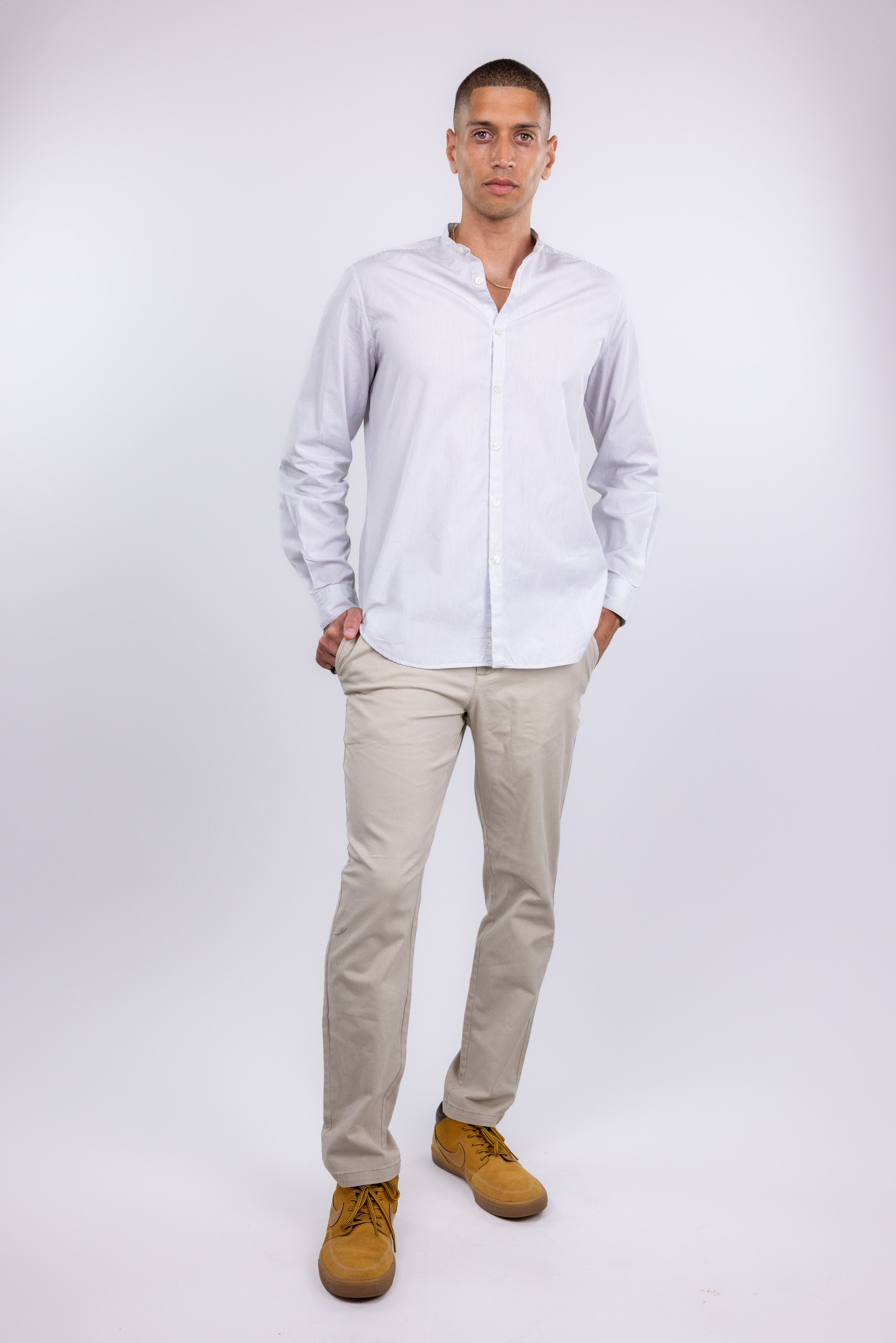 The RealReal,Massimo Piombo, Massimo Piombo White Tonal Pinstripe Mandarin Collar Button Up Shirt, White, Medium-44-TagM