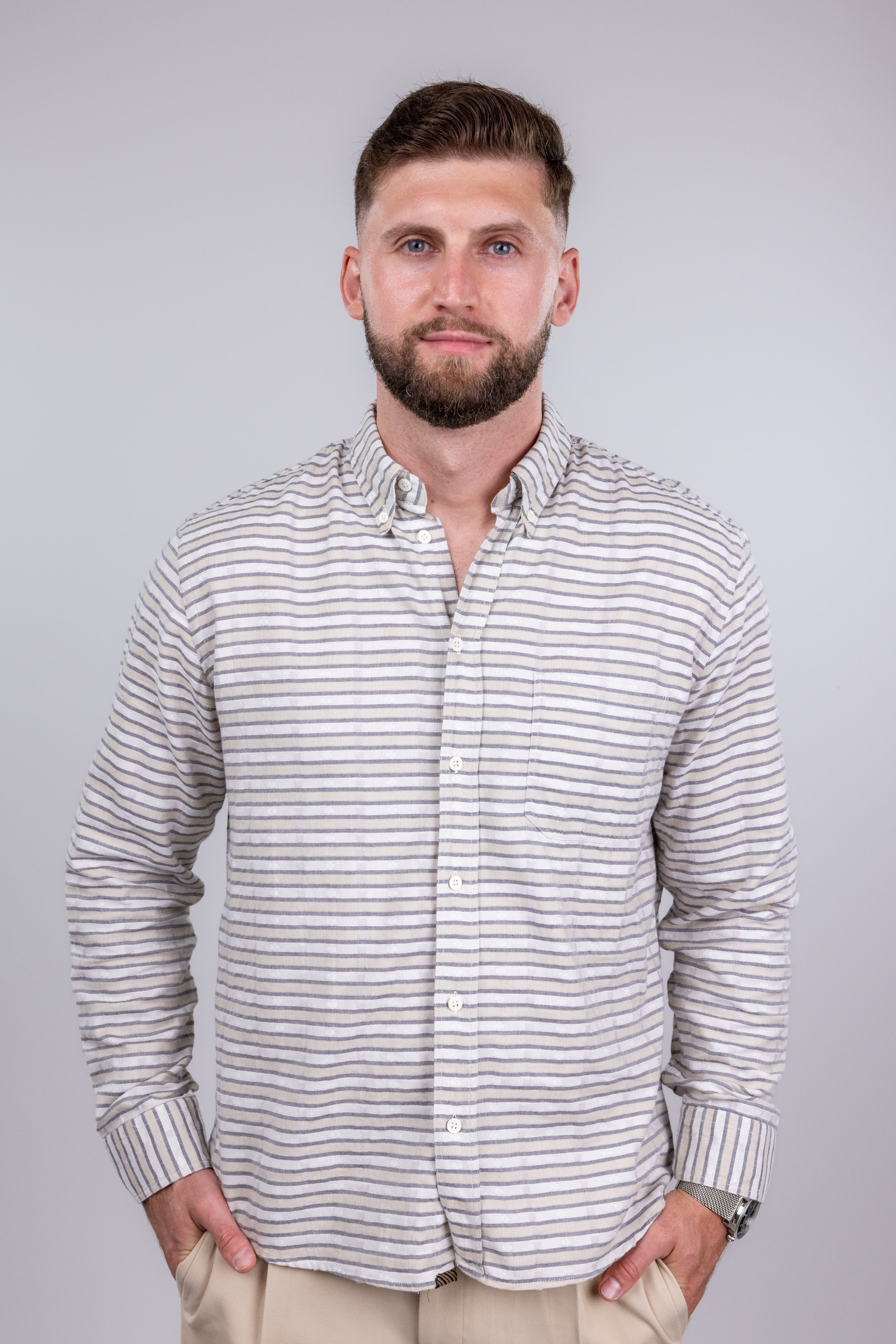 The RealReal,Billy Reid, Billy Reid Light Beige With Grey Horizontal Stripes Long Sleeve Button Up Shirt With Distressed Details, Cream, Large-48-TagLExtra Large-50-TagXL