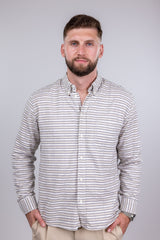 Billy Reid Light Beige With Grey Horizontal Stripes Long Sleeve Button Up Shirt With Distressed Details