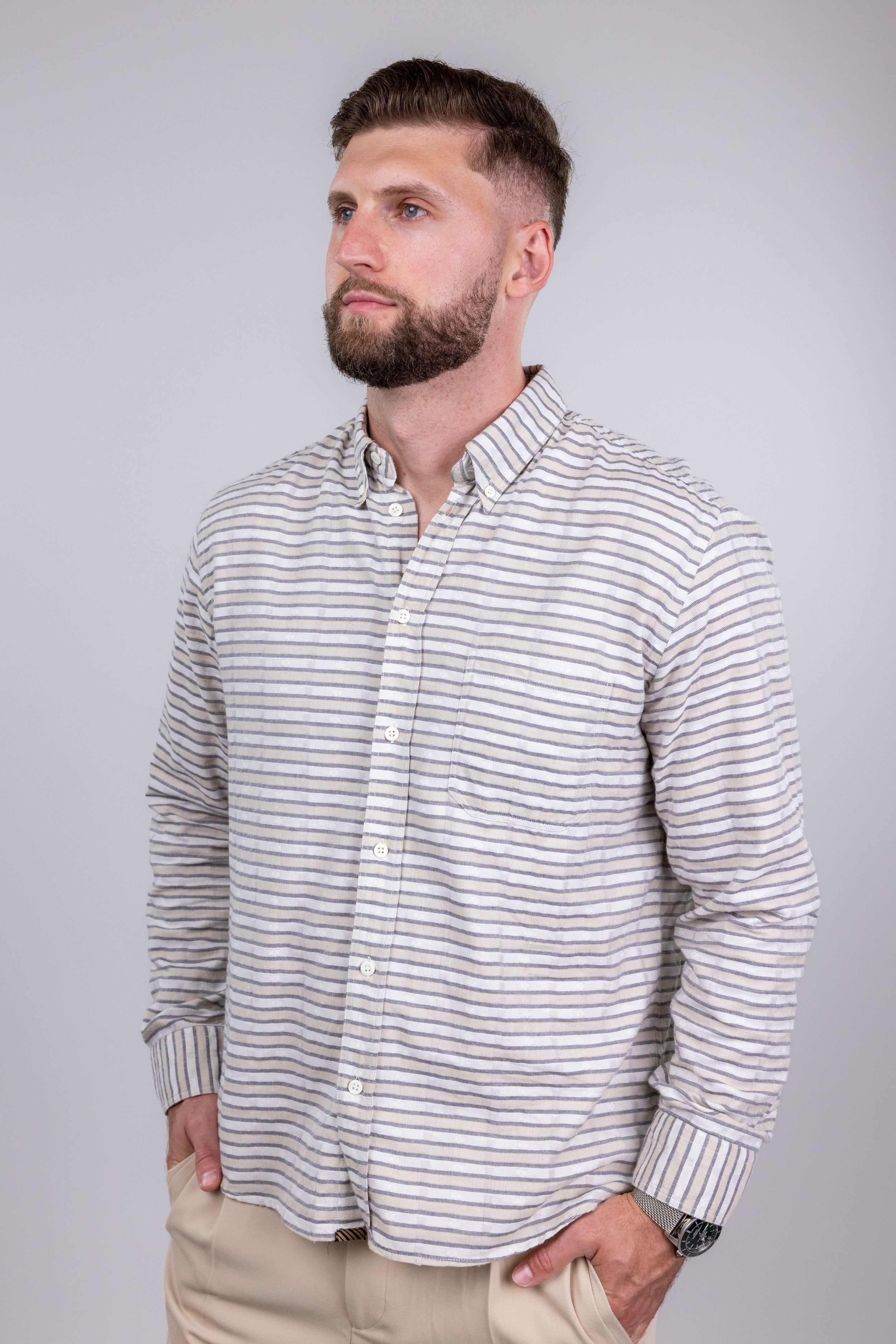 The RealReal,Billy Reid, Billy Reid Light Beige With Grey Horizontal Stripes Long Sleeve Button Up Shirt With Distressed Details, Cream, Large-48-TagLExtra Large-50-TagXL