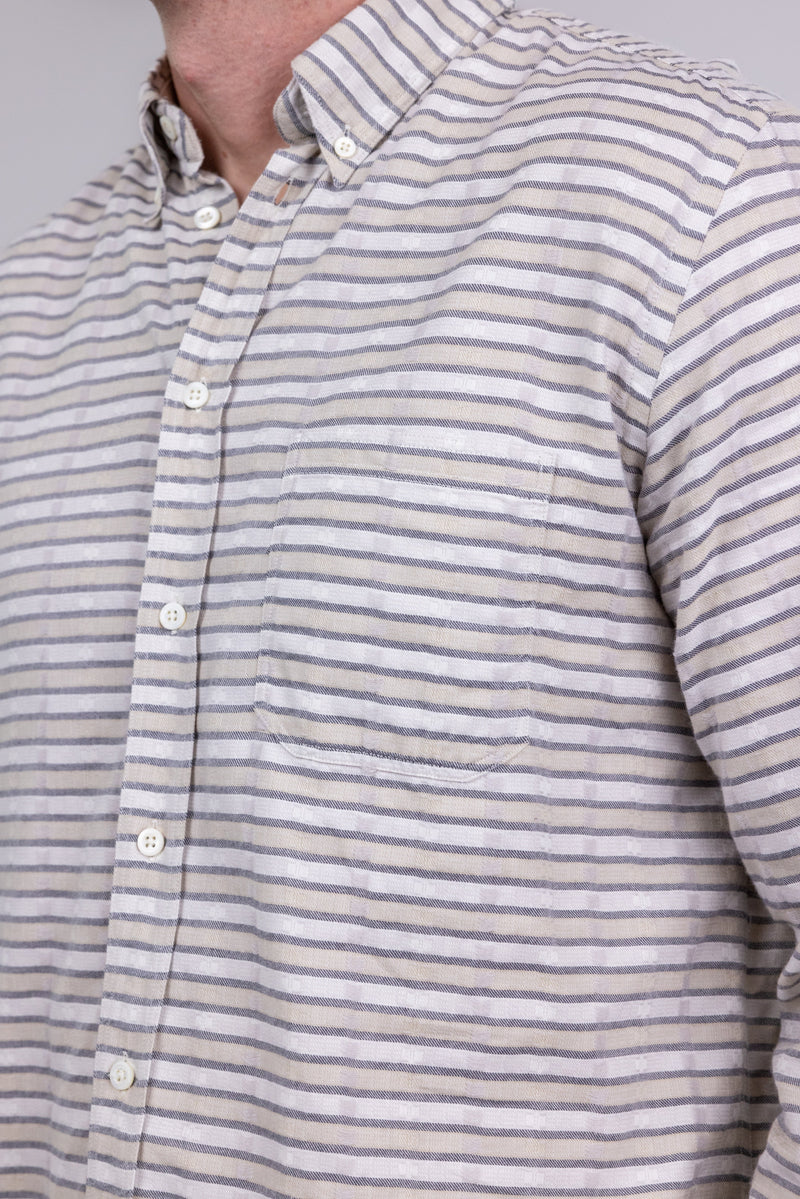 Billy Reid Light Beige With Grey Horizontal Stripes Long Sleeve Button Up Shirt With Distressed Details