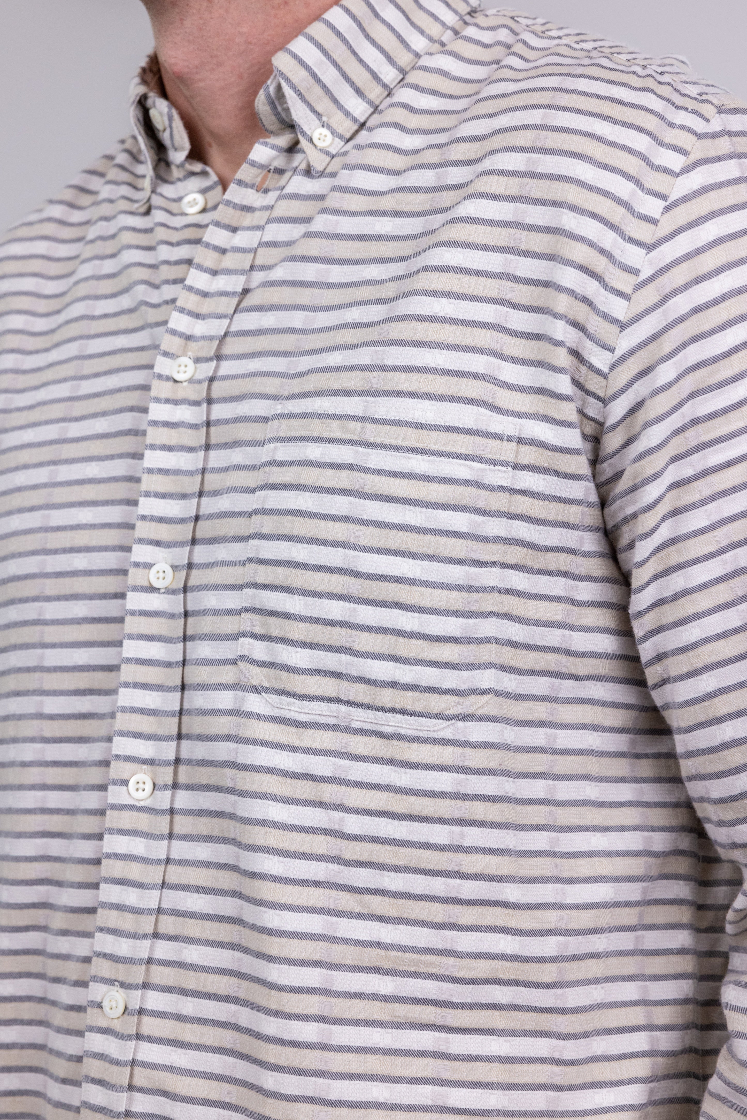 The RealReal,Billy Reid, Billy Reid Light Beige With Grey Horizontal Stripes Long Sleeve Button Up Shirt With Distressed Details, Cream, Large-48-TagLExtra Large-50-TagXL