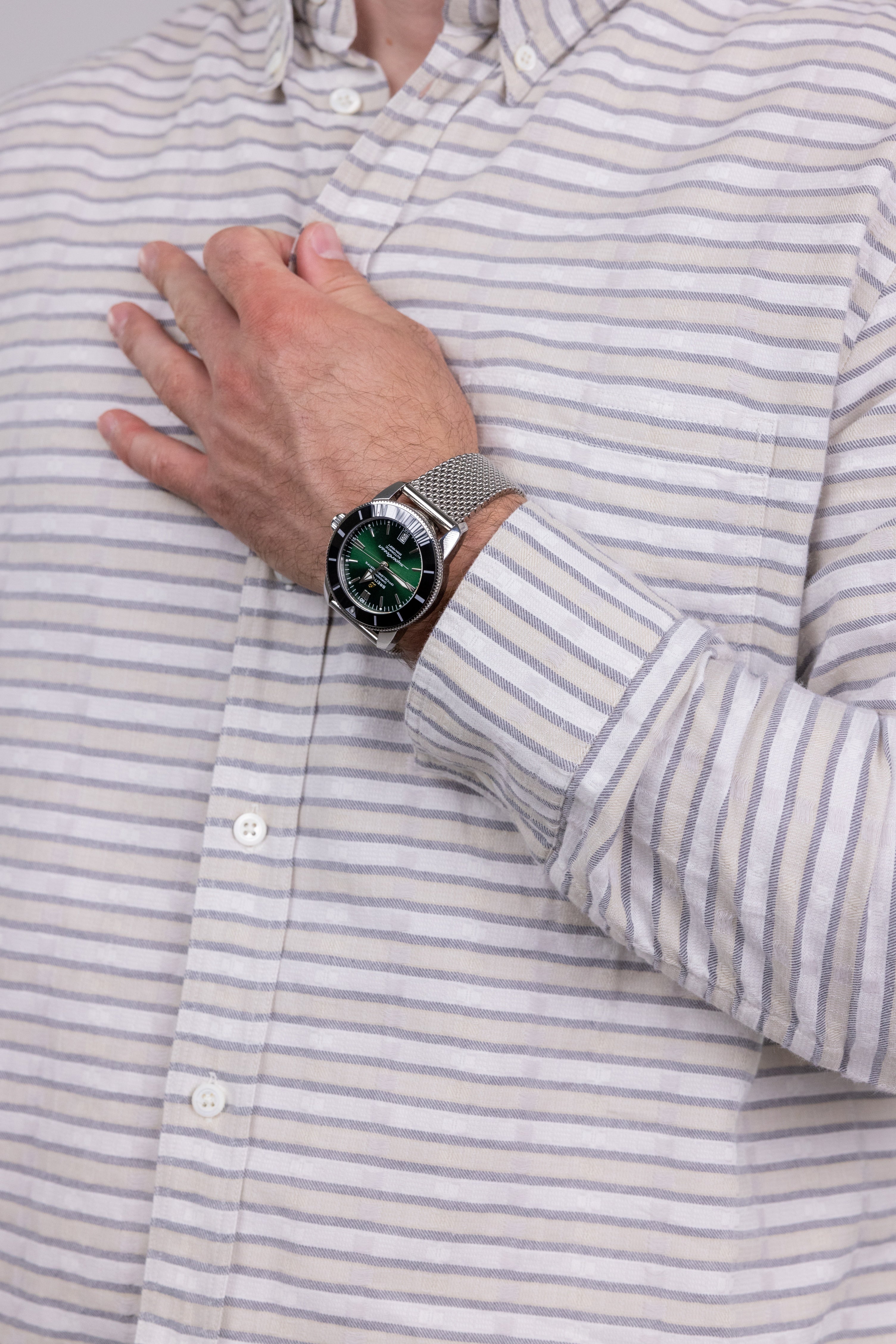 The RealReal,Billy Reid, Billy Reid Light Beige With Grey Horizontal Stripes Long Sleeve Button Up Shirt With Distressed Details, Cream, Large-48-TagLExtra Large-50-TagXL