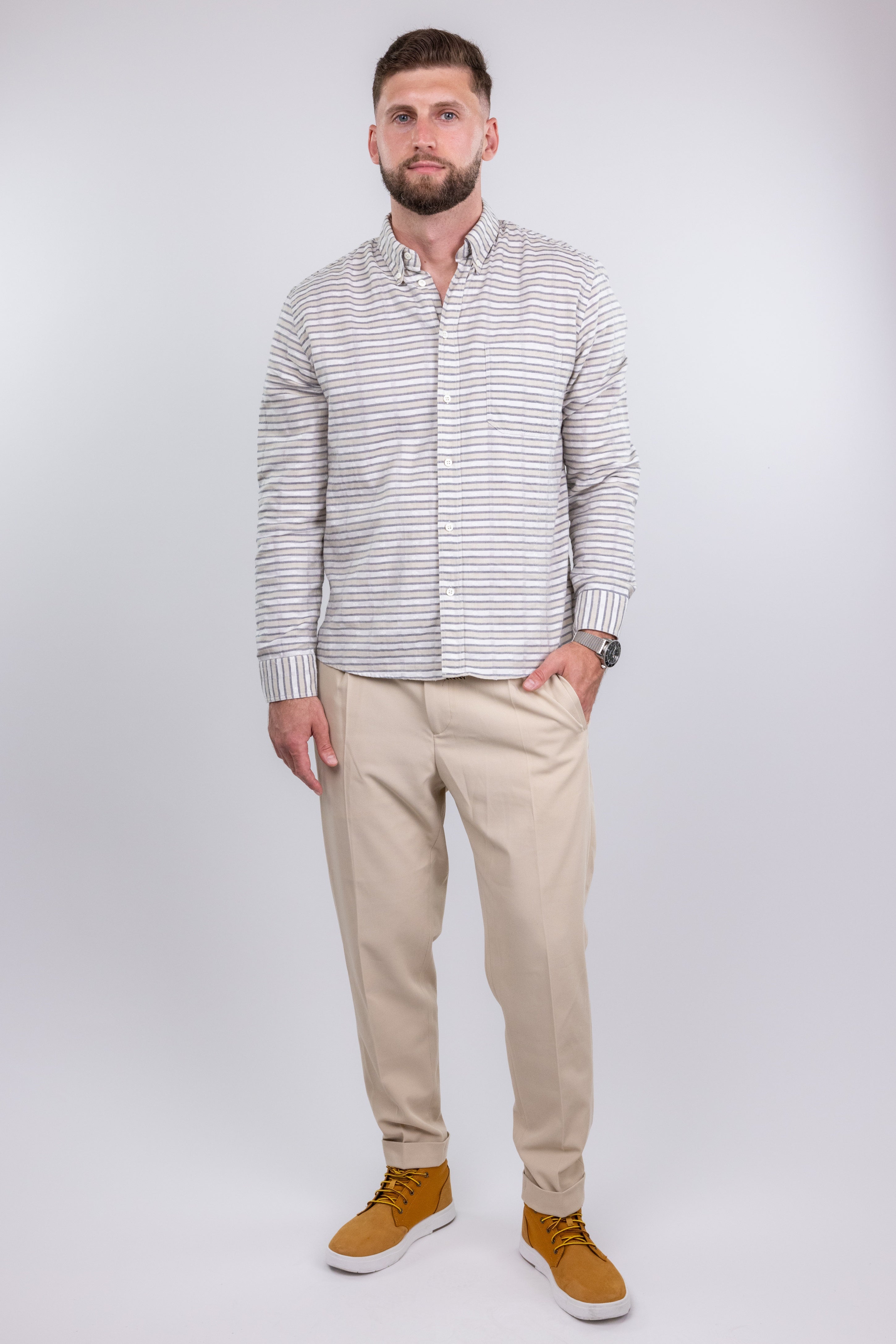The RealReal,Billy Reid, Billy Reid Light Beige With Grey Horizontal Stripes Long Sleeve Button Up Shirt With Distressed Details, Cream, Large-48-TagLExtra Large-50-TagXL
