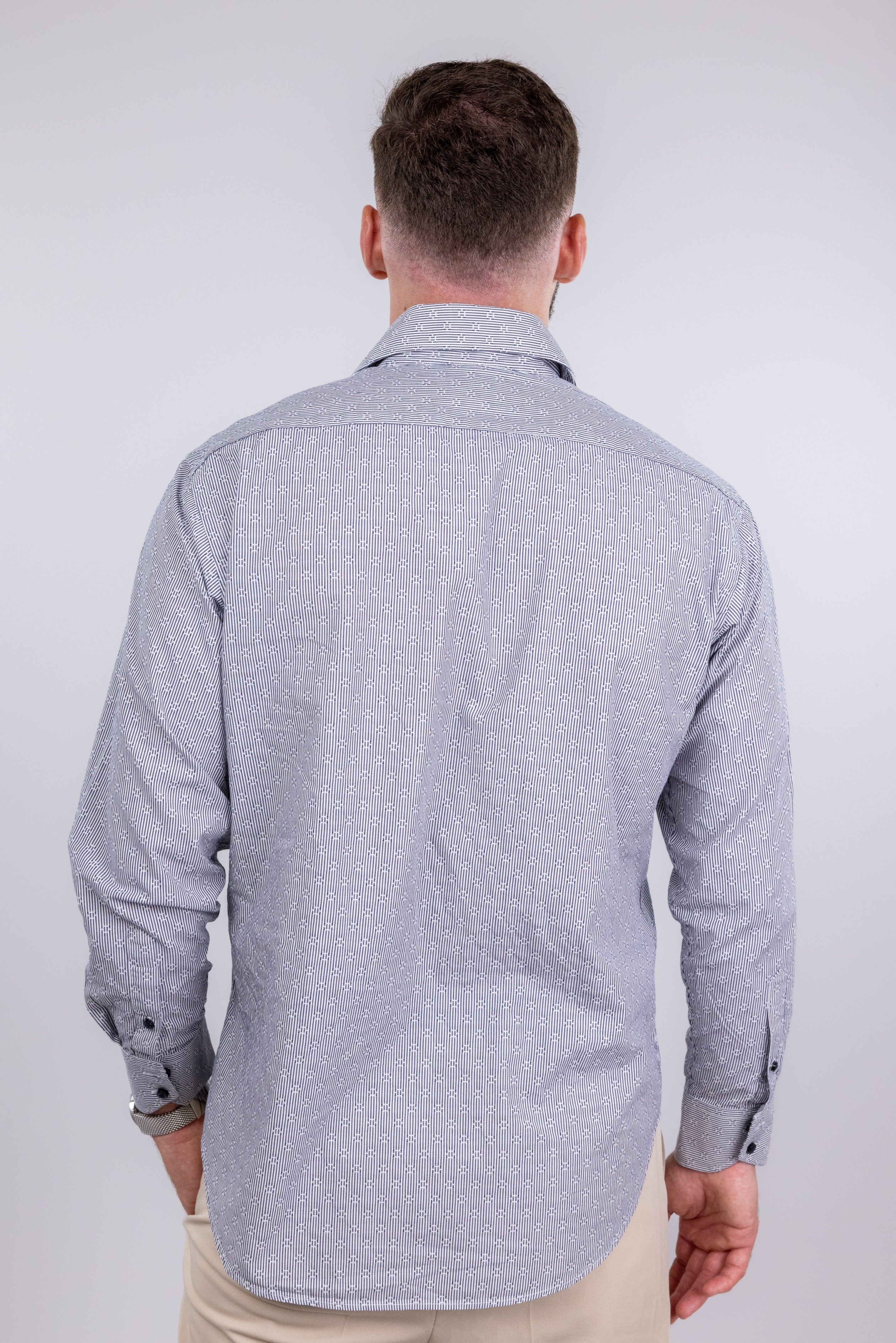 The RealReal,Neiman Marcus, Neiman Marcus White & Mini Grey Striped Button Up Shirt With Circle Embroidered Details, Grey, Large-46-TagM