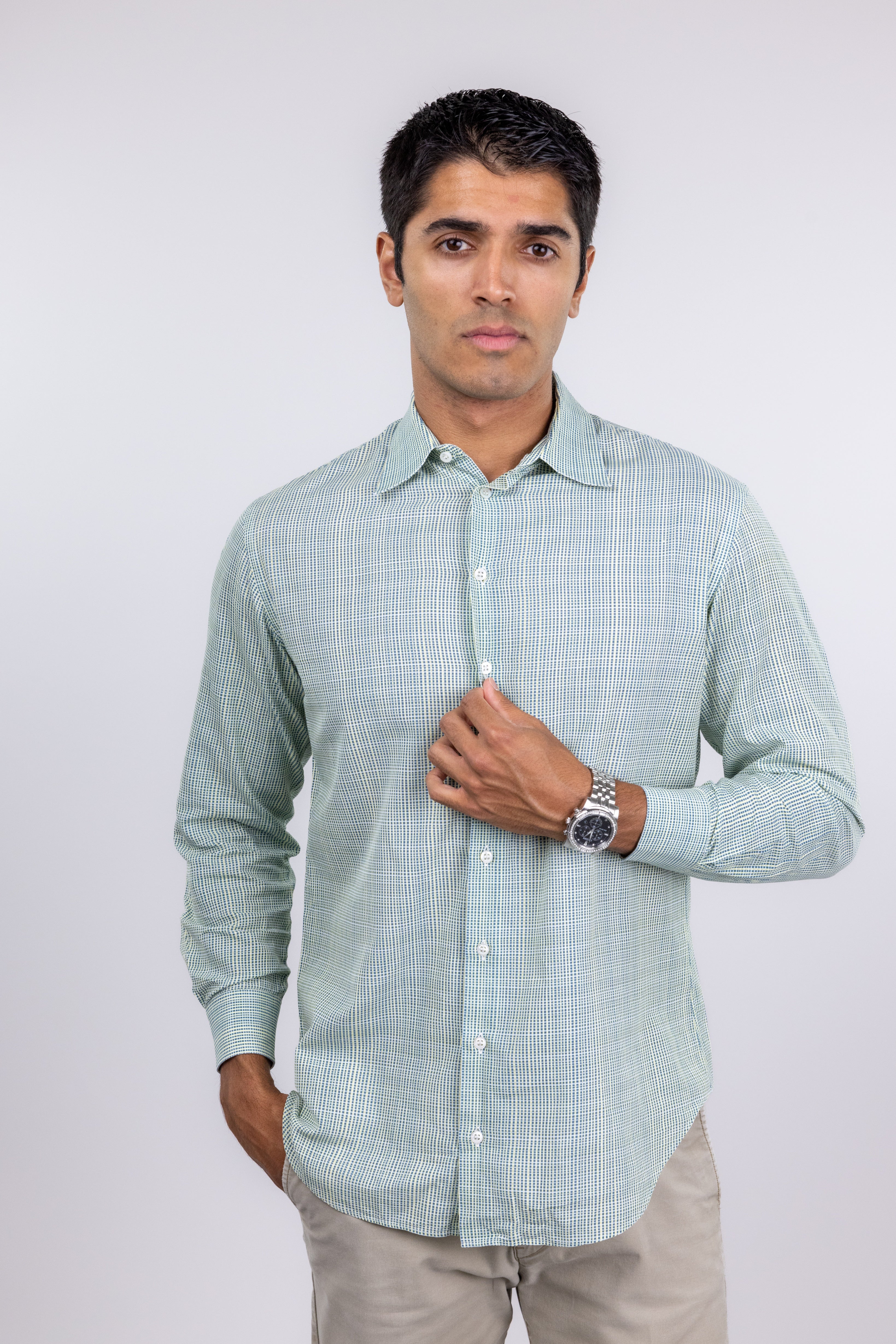 The RealReal,Giorgio Armani, Giorgio Armani Green And Yellow Vivid Crosshatch Print Long Sleeve Button Up Shirt, Yellow, Medium-42-TagM