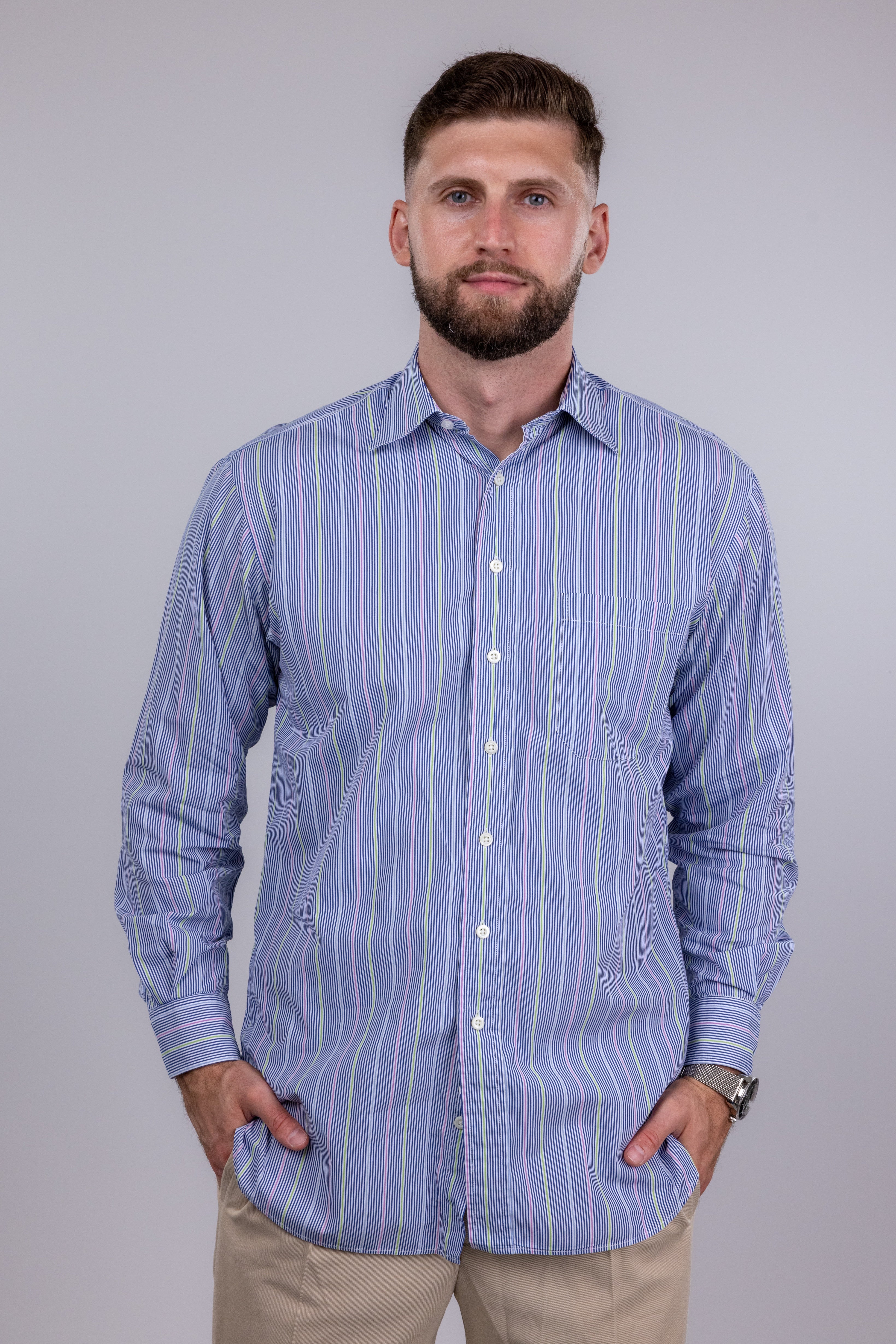 The RealReal,Paul Stuart, Paul Stuart Navy and Pastel Stripe Button Up Shirt, Blue, Large-45-TagL
