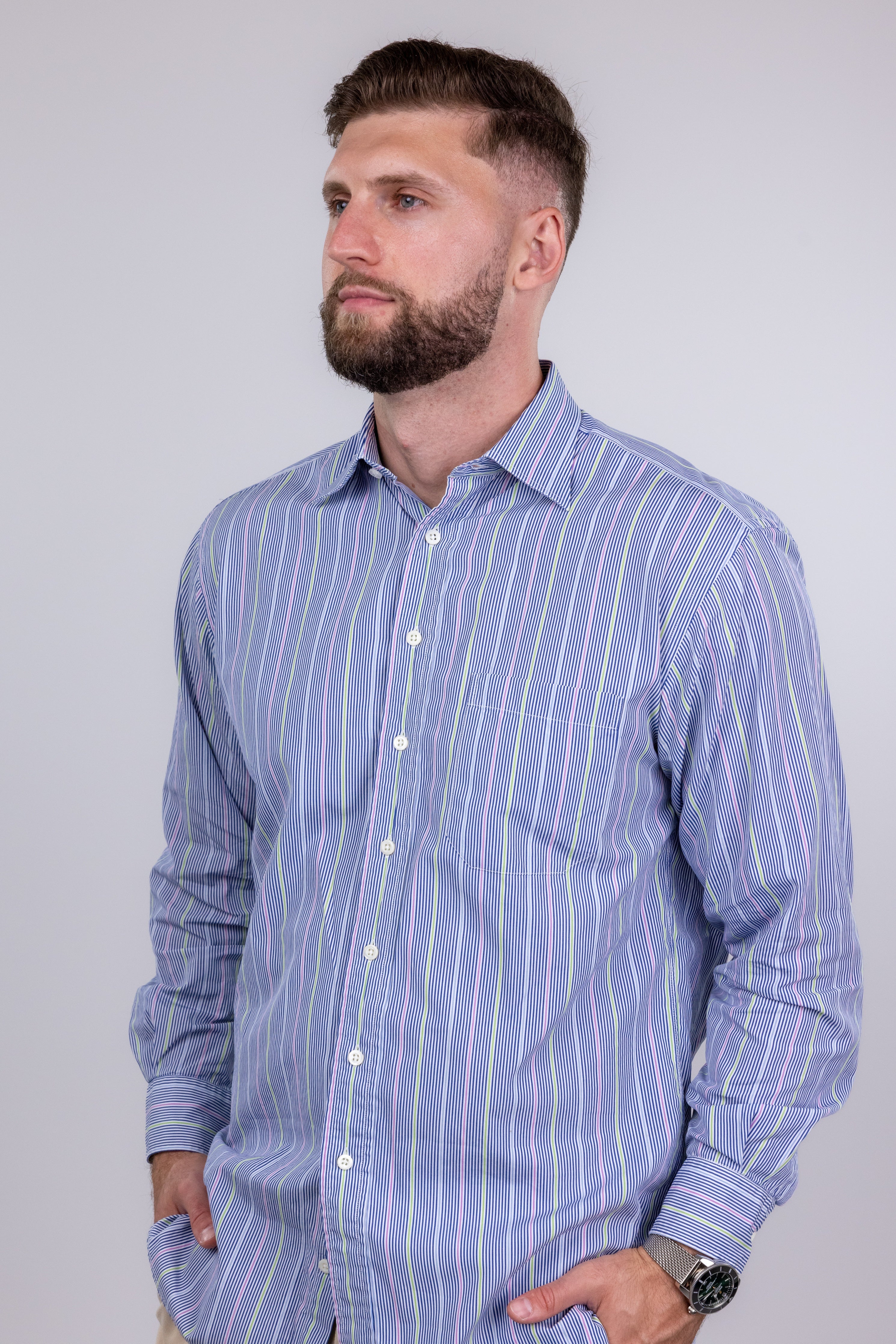 The RealReal,Paul Stuart, Paul Stuart Navy and Pastel Stripe Button Up Shirt, Blue, Large-45-TagL