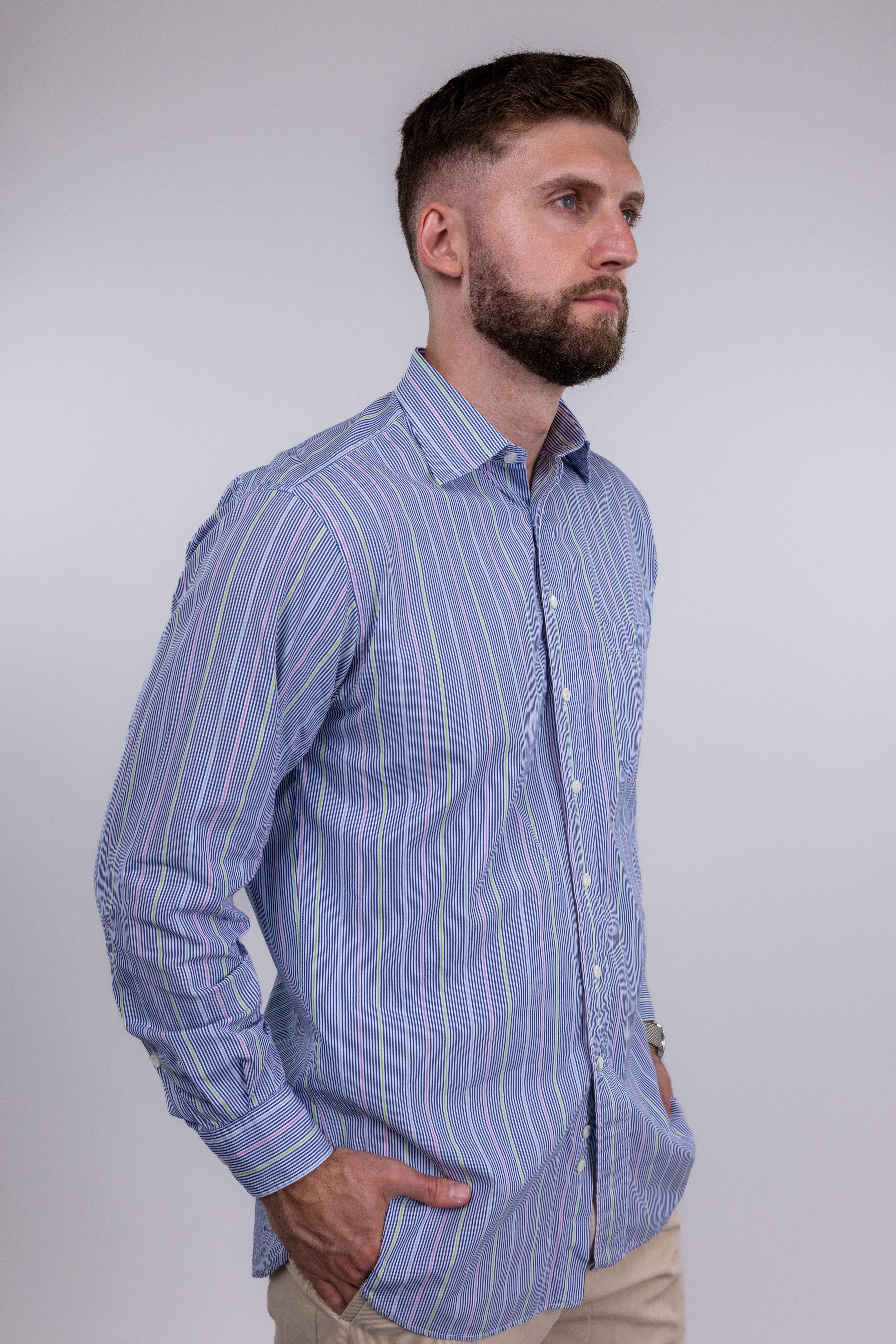 The RealReal,Paul Stuart, Paul Stuart Navy and Pastel Stripe Button Up Shirt, Blue, Large-45-TagL