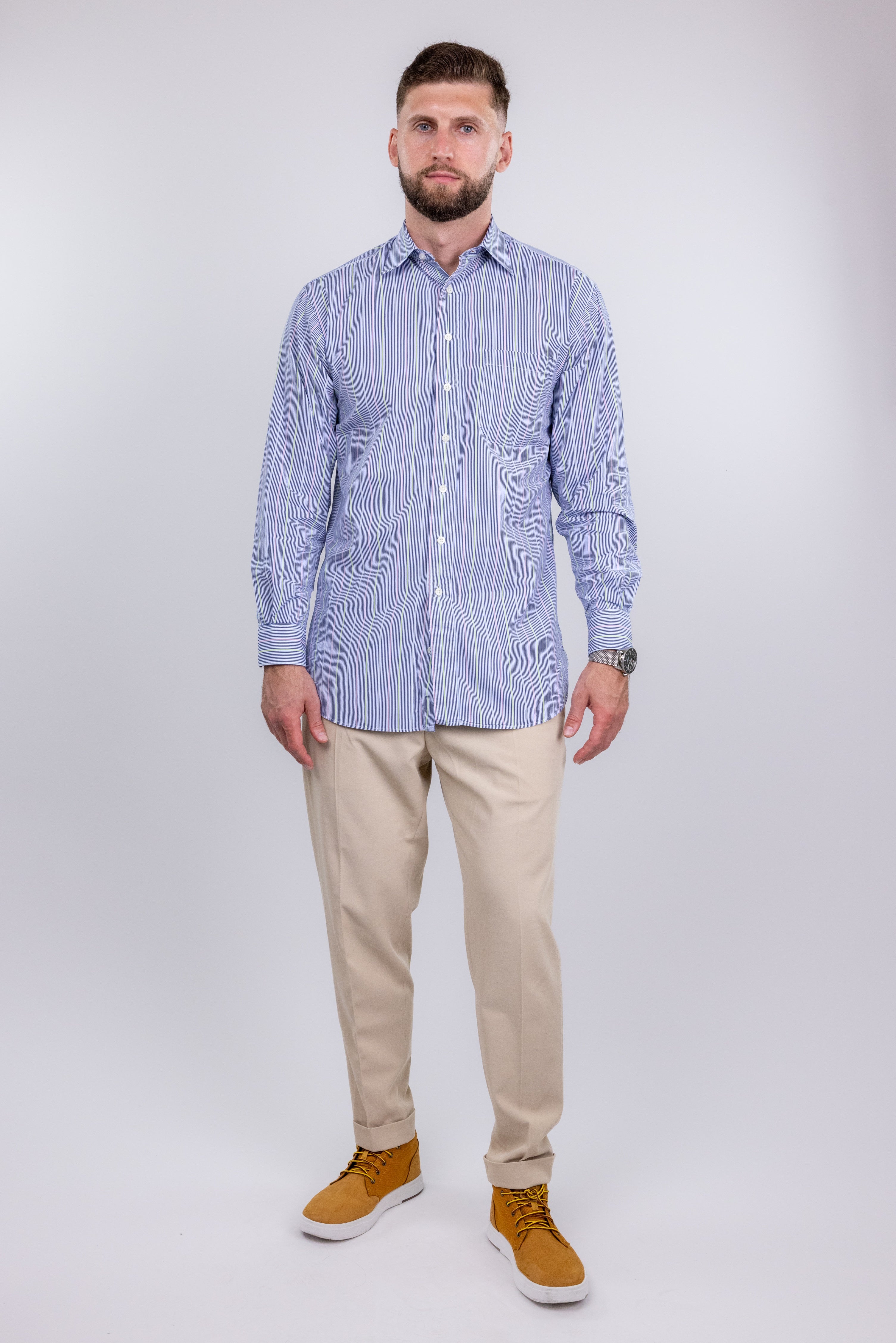 The RealReal,Paul Stuart, Paul Stuart Navy and Pastel Stripe Button Up Shirt, Blue, Large-45-TagL