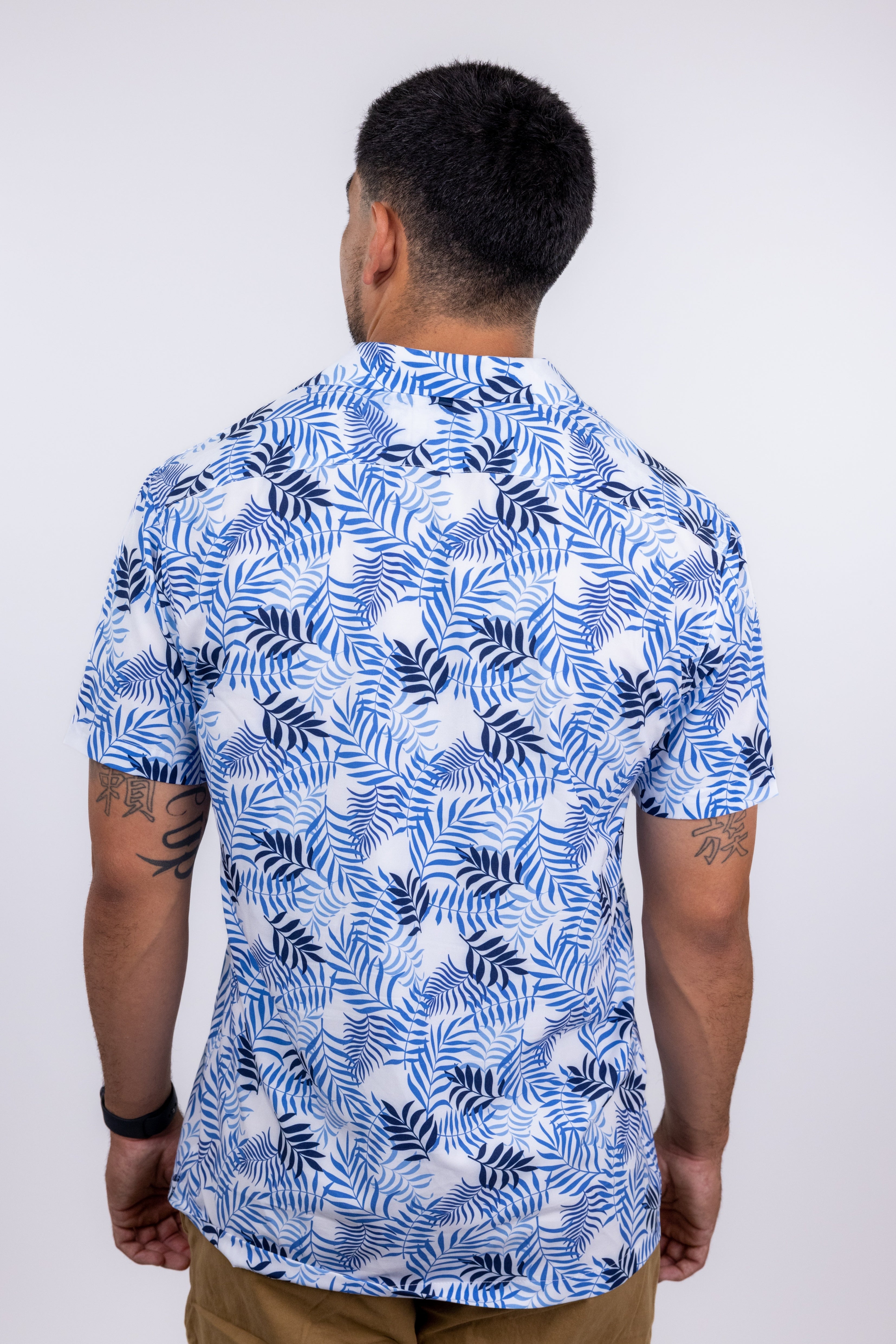Faire,W.R.K., W.R.K Blue Tropical Print Camp Collar Performance Short Sleeve Shirt, Blue, Medium-42-TagM