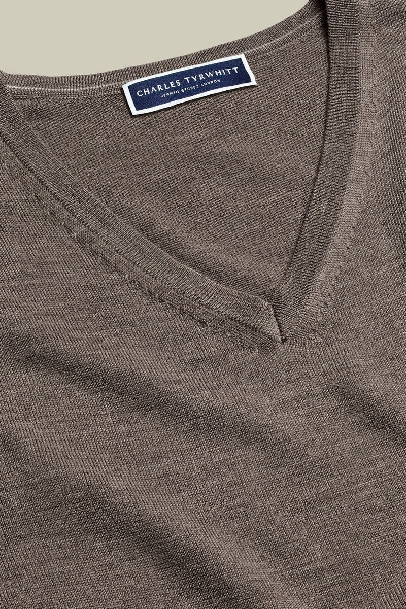 Wholesale,Charles Tyrwhitt, Charles Tyrwhitt Mocha Pure Merino Wool V-Neck Sweater, Brown, Large-45-TagL