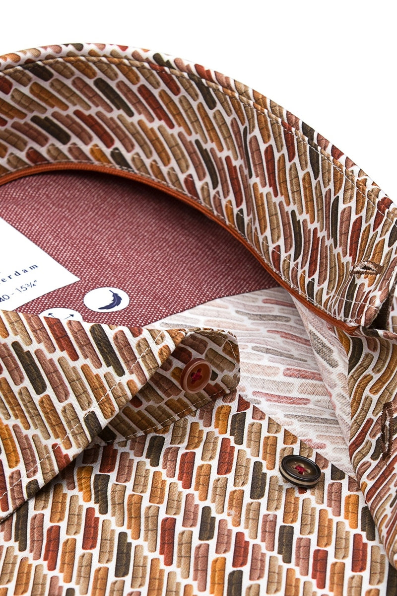 Direct From Brand,R2 Amsterdam, R2 Amsterdam Brown Sofa Print Stretch Shirt, Brown, Medium-42-Tag40Medium-44-Tag41Extra Large-48-Tag43Large-46-Tag42