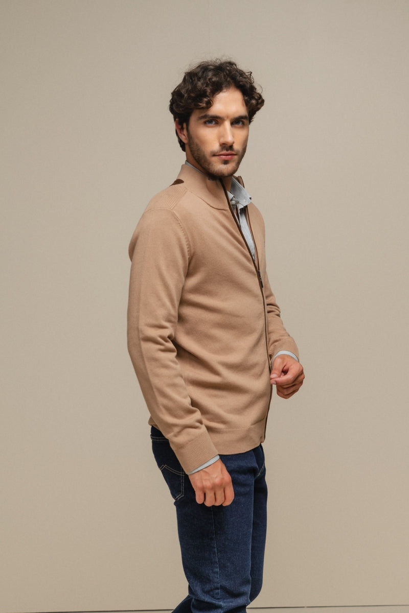 Faire,SMF, SMF Tan with Brown Contrast Knit Mockneck Full Zip Cardigan, Tan, Extra Extra Large-46-TagXXL