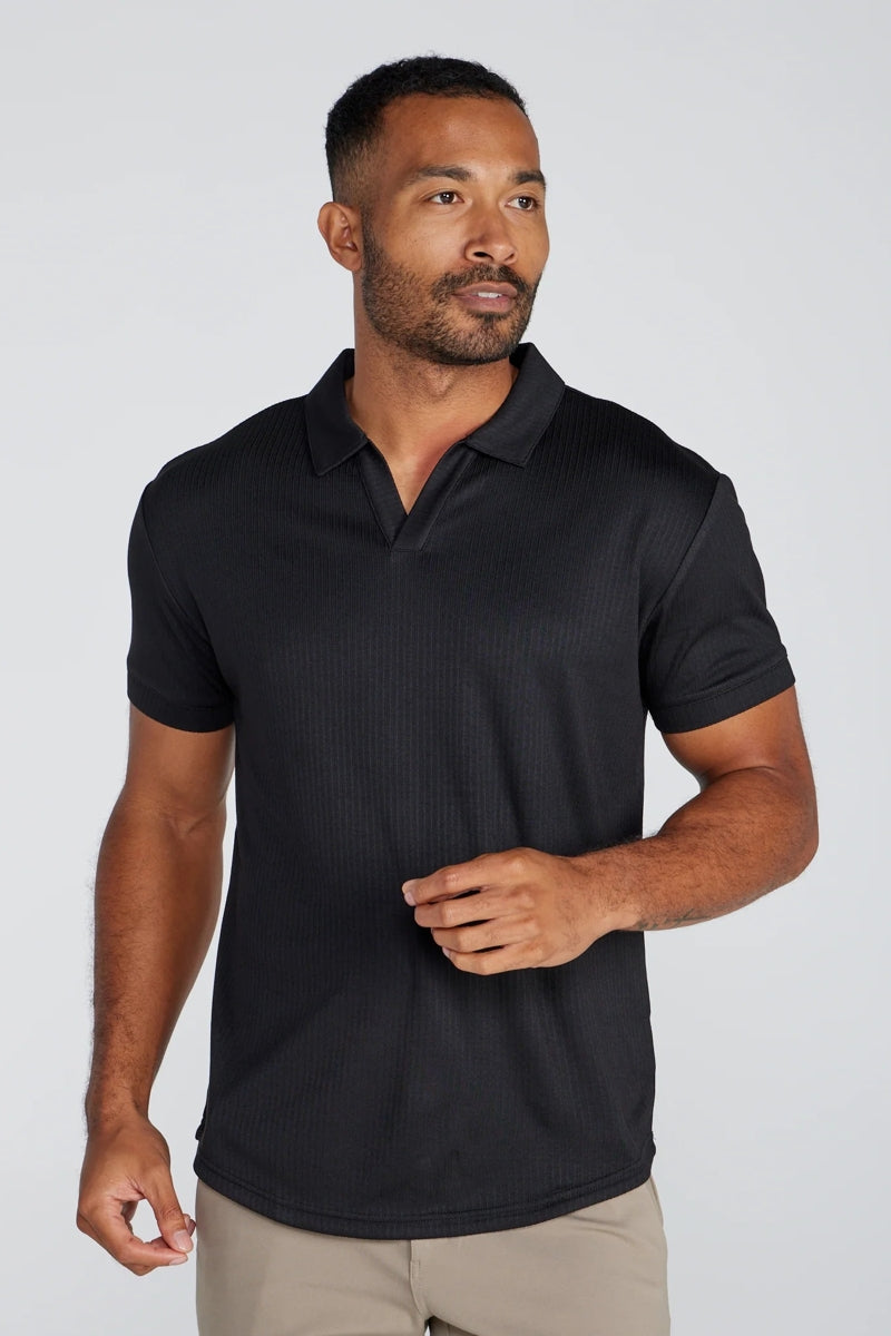 Wholesale,BYLT, BYLT Black Ribbed Drop-cut Open V Polo, Black, Small-40-TagSMedium-42-TagMExtra Extra Large-51-TagXXLLarge-44-TagLExtra Large-48-TagXLExtra Extra Large-52-TagXXL