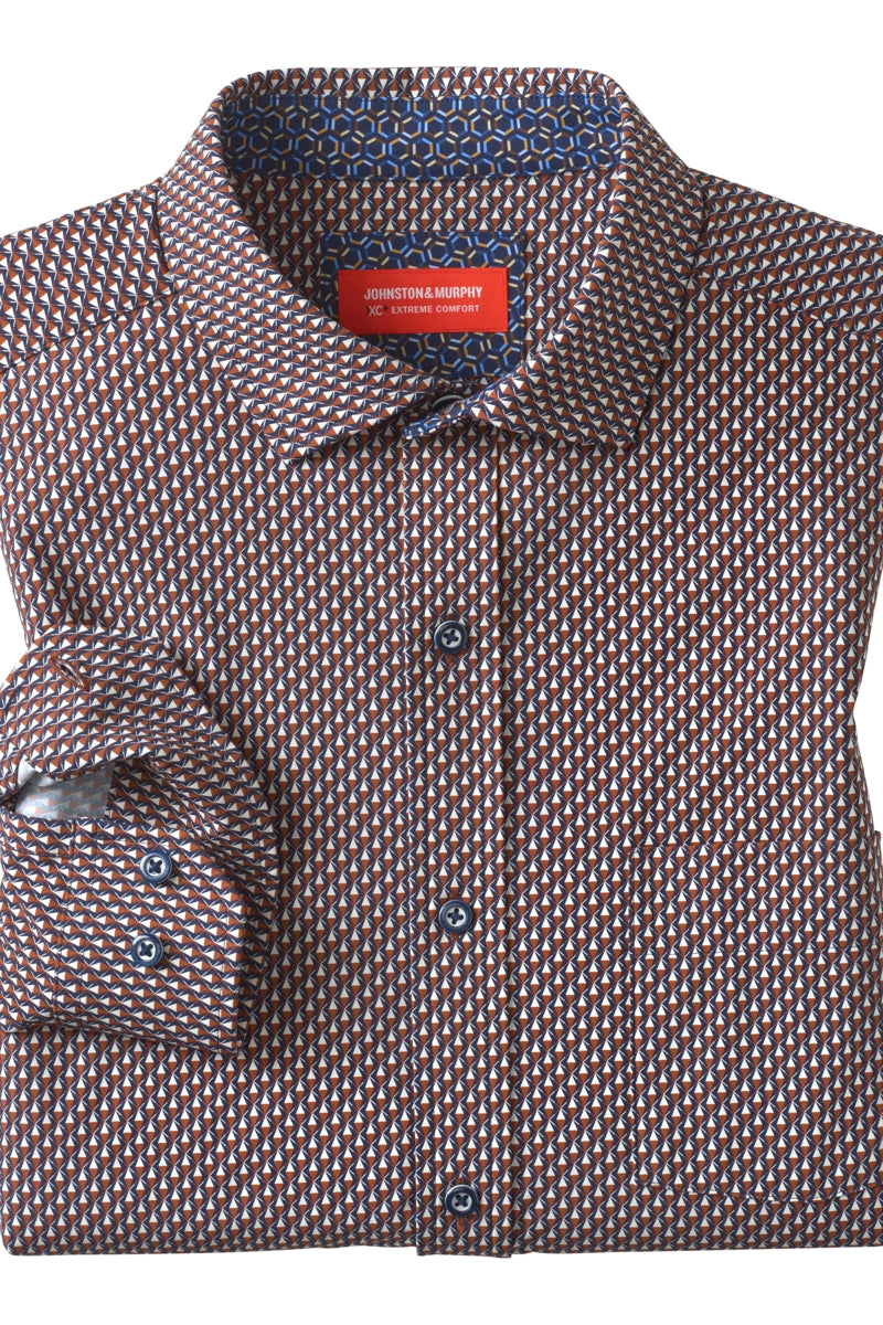 Wholesale,Johnston & Murphy, Johnston & Murphy Rust/Navy Stacked Triangle Geo Performance Shirt, Brown, Medium-42-TagMLarge-45-TagLExtra Large-50-TagXLExtra Extra Large-52-TagXXLExtra Extra Extra Large-54-Tag3XL
