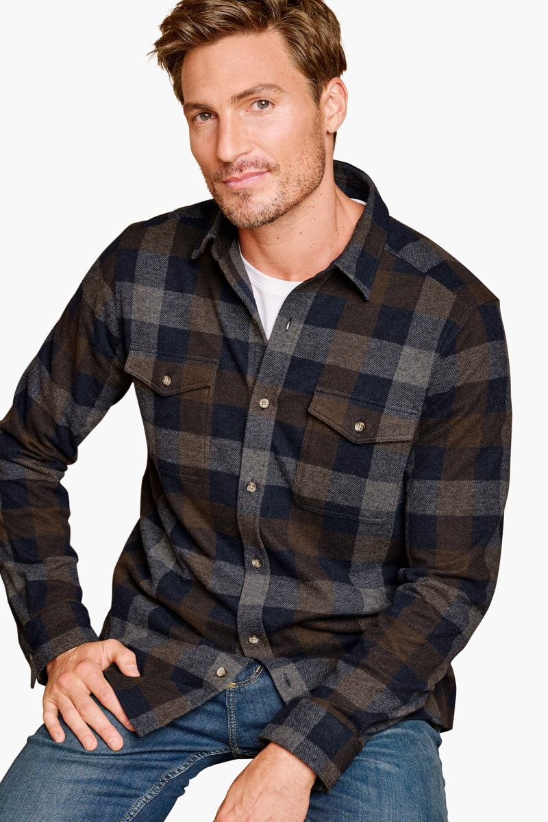 Wholesale,Johnston & Murphy, Johnston & Murphy Navy/Brown Plaid Brushed Knit Overshirt, Blue, Small-42-TagS